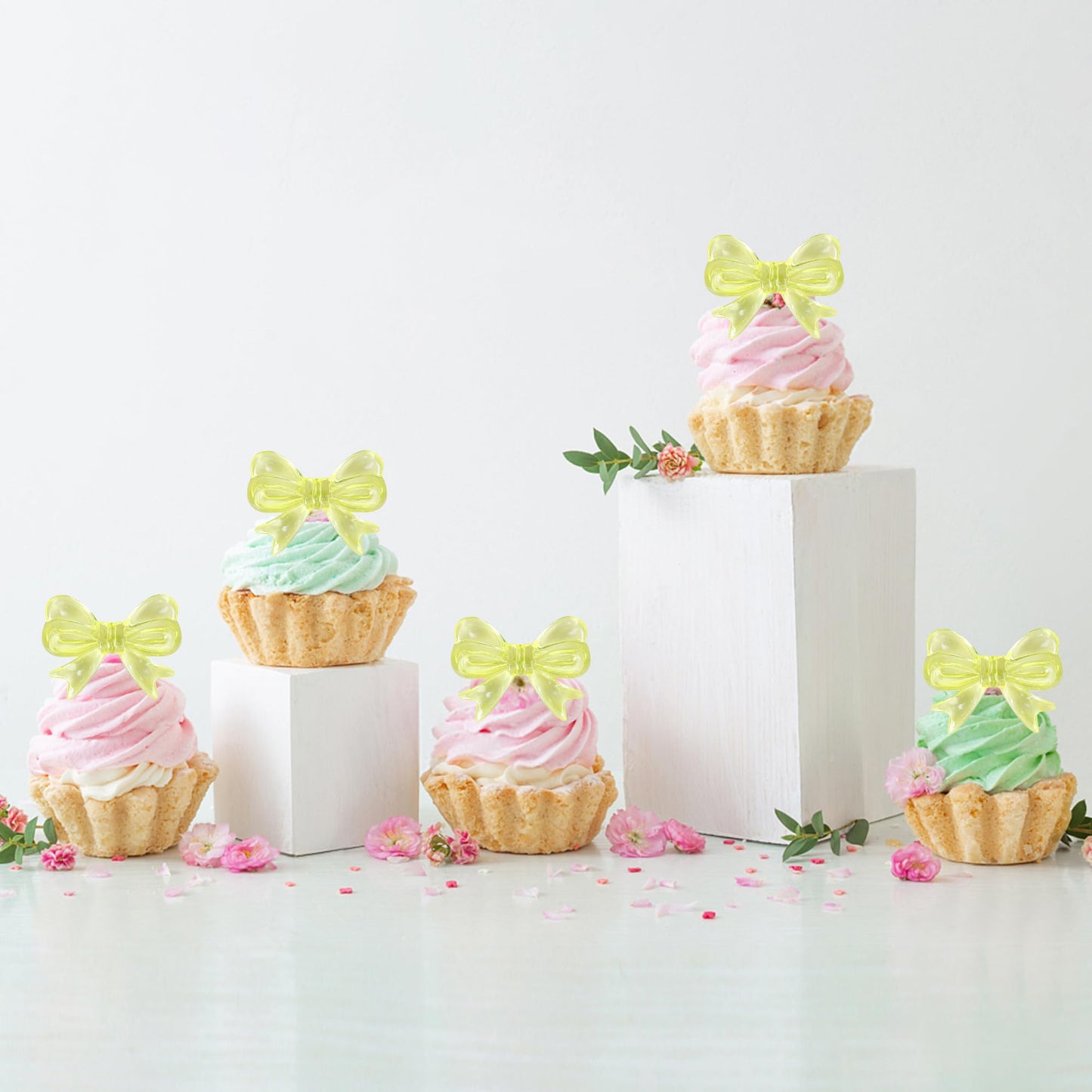 YCTHUNFISH 30 Pack Pink Bow Cupcake Toppers Decorations for Wedding, Bridal Shower, Birthday Party - Yellow