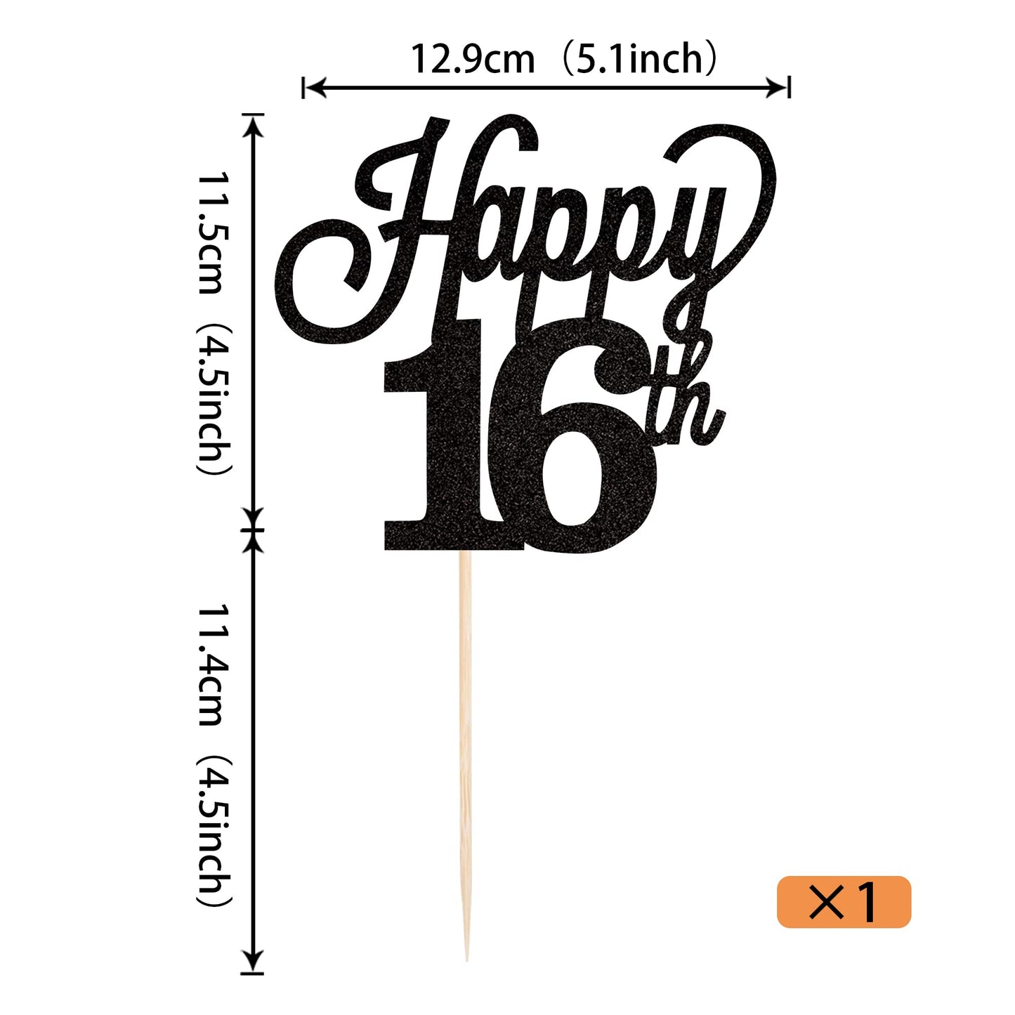 YCTHUNFISH Happy 16th Cake Topper, Black Glitter Number 16, Bamboo Material, Birthday Party Decorations