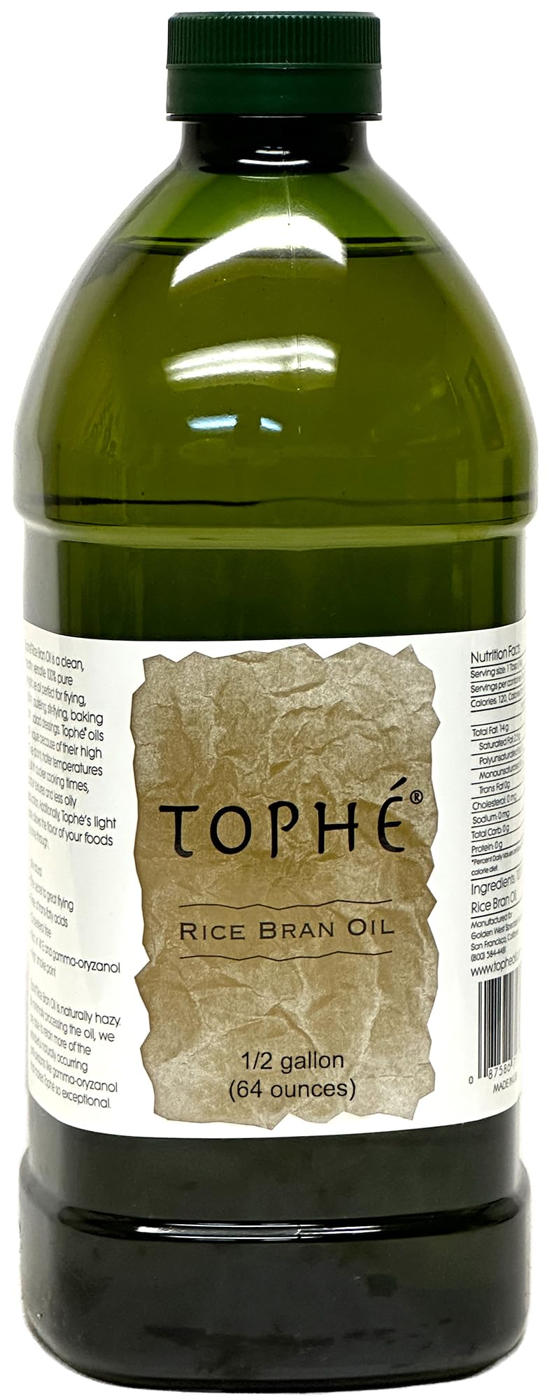 RICE BRAN OIL | All Natural, Made from 100% Non-GMO Rice | Rich in Vitamin E and Gamma-Oryzanol | Unfiltered, Non Winterized, No Trans Fat and Heart Healthy | 1/2 Gallon By Tophe