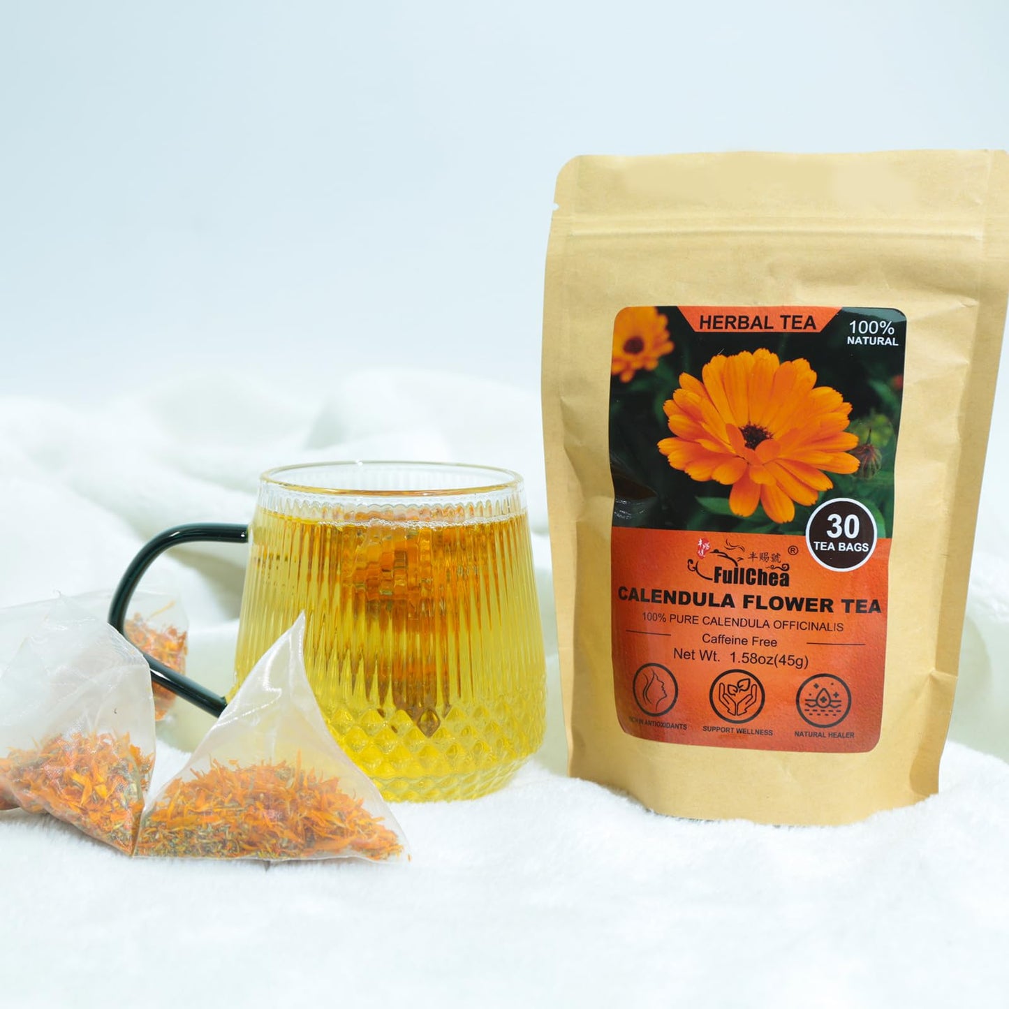 FullChea Dried Calendula Flowers Tea - 30 Teabags, Caffeine-Free, Non-GMO, Natural Herbs, 1.5g per Bag