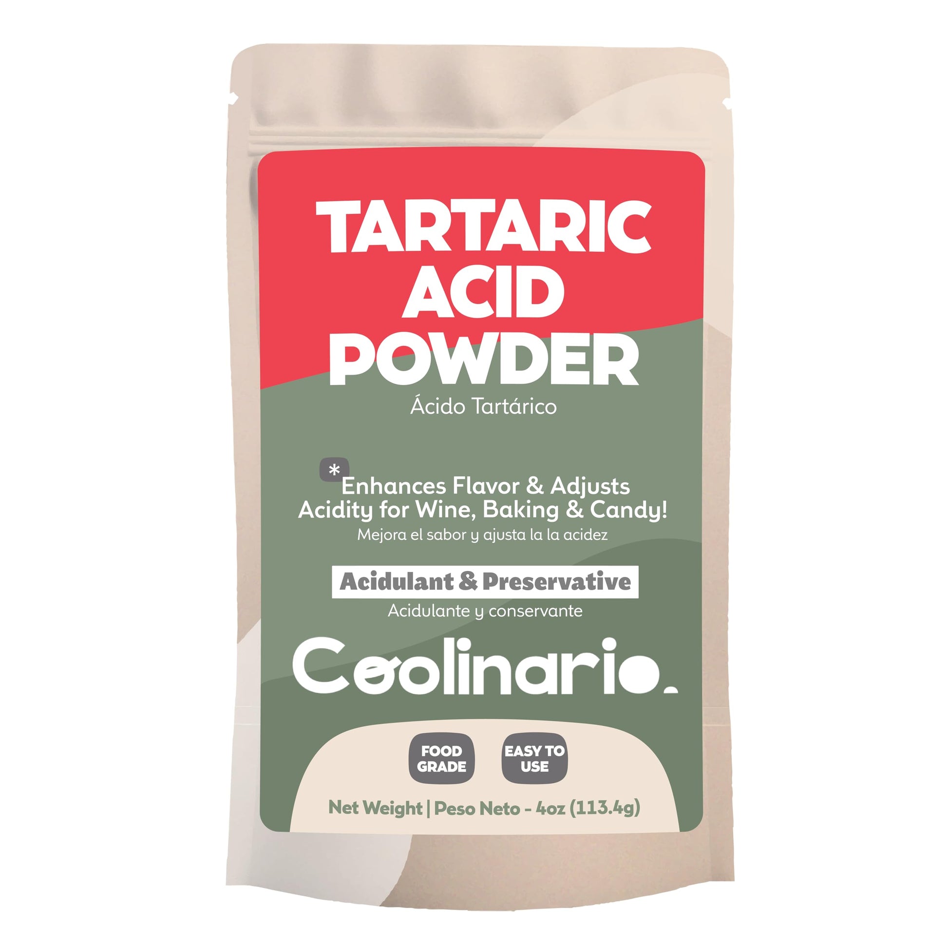 Coolinario Tartaric Acid Powder - Natural Acidulant for Baking & Candy, 4 Oz, Food Grade
