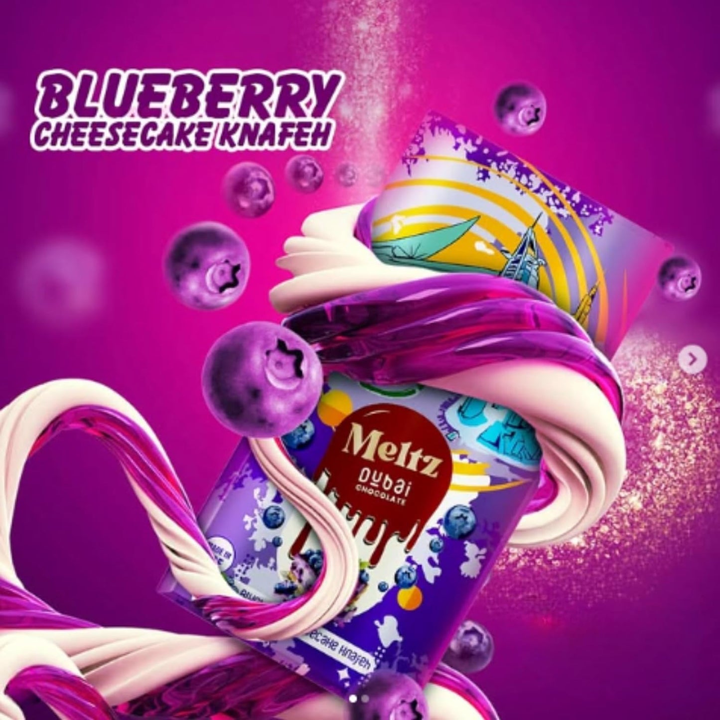 Meltz Pistachio Dubai Chocolate Blueberry Cheesecake Knafeh Bar - 192g, Filled with Berry Cream, Individually Wrapped Treat