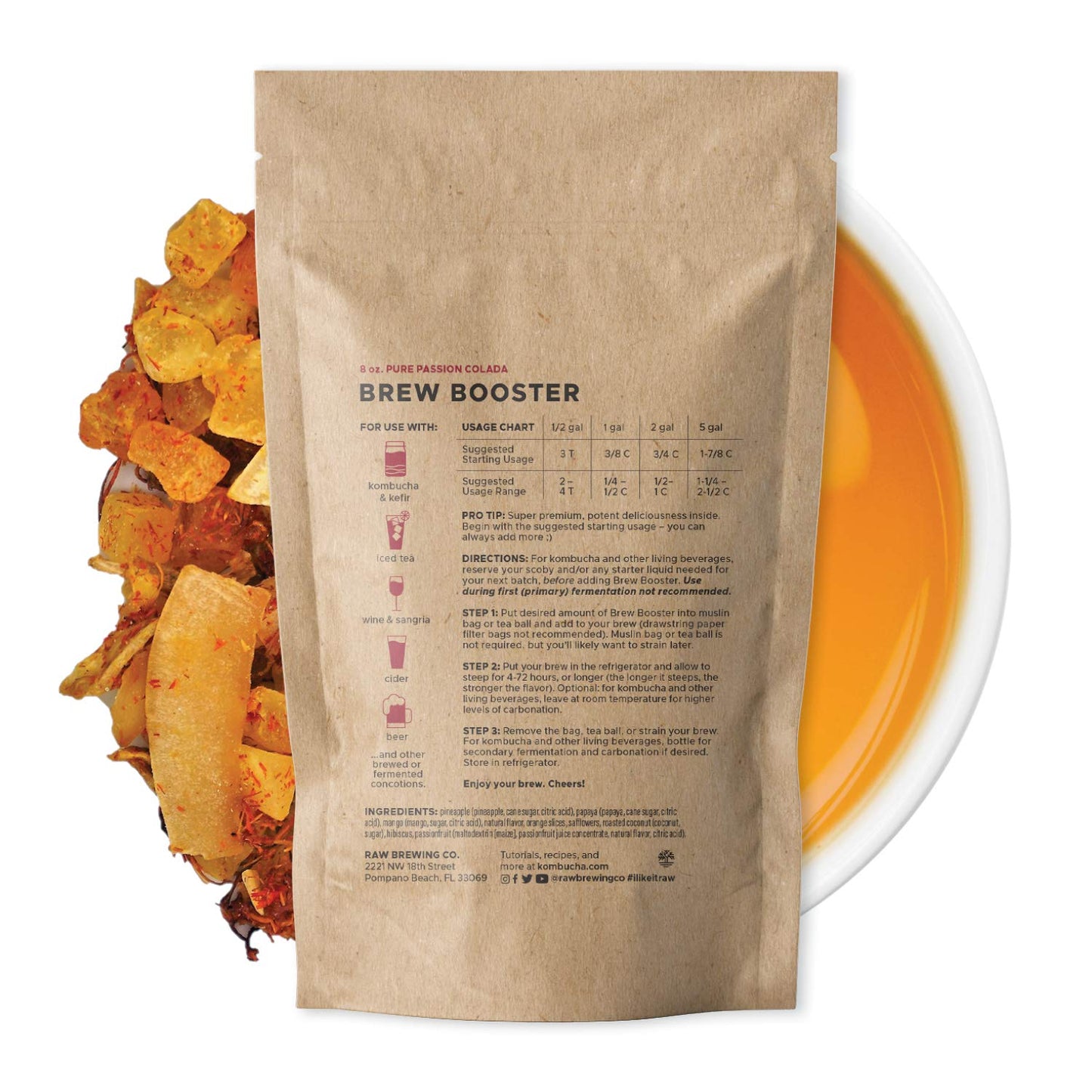 Raw Brewing Company Kombucha Brew Booster - Passionfruit Coconut Blend, 8 Ounce, All Natural, Caffeine Free, No Artificial Flavors