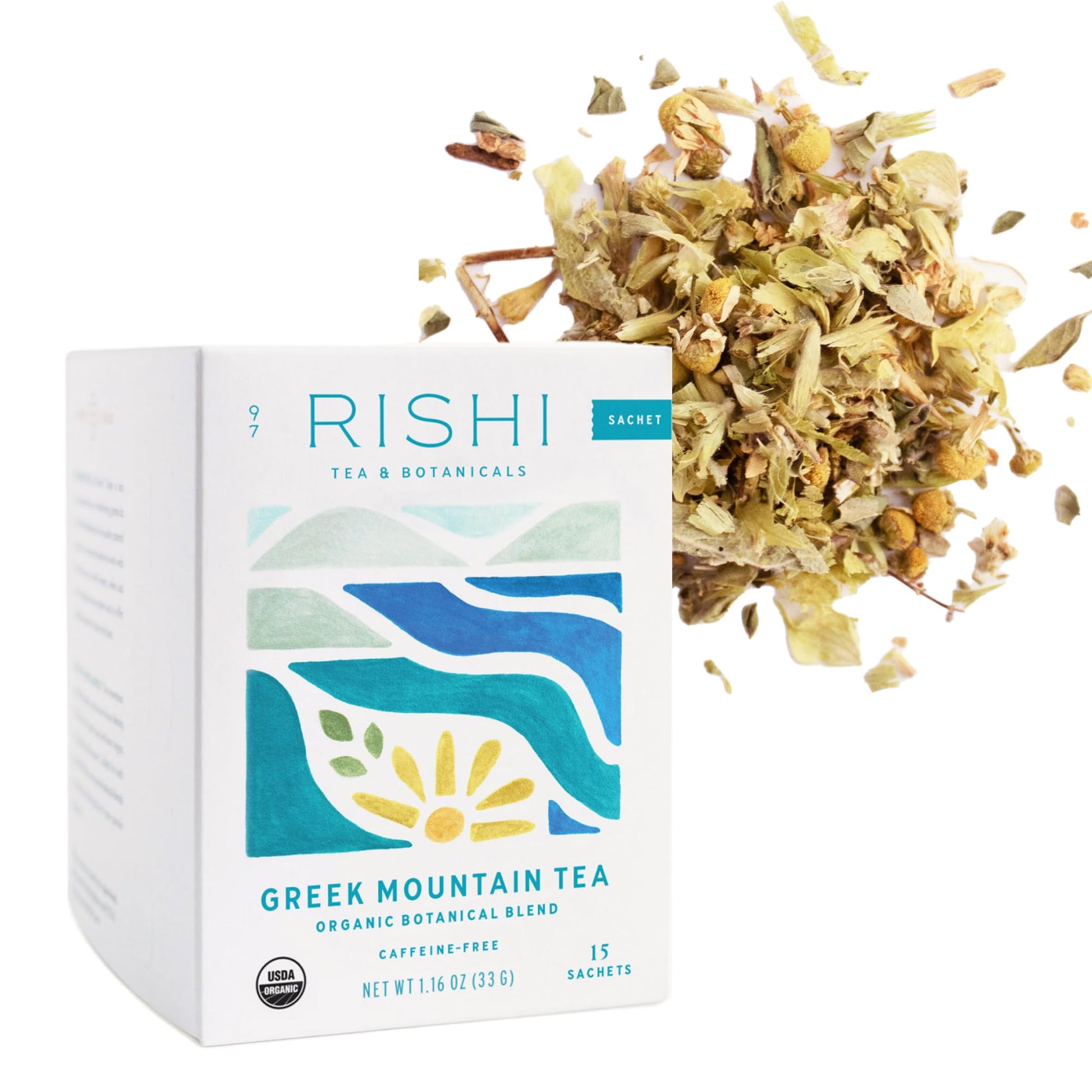 Rishi Tea Greek Mountain Tea Herbal Tea - Organic  Caffeine Free Sachet Tea Bags  Sleep Friendly  Fortifying Botanical Blend with Ironwort - 15 Count (Pack of 1)