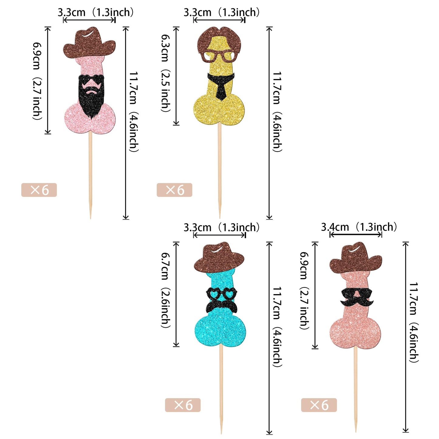 Rssta i Cupcake Toppers 24 Pack Glitter Beard Hat for Bachelor Party, Wedding, Bachelorette, Bridal Shower - Design 4, Paper
