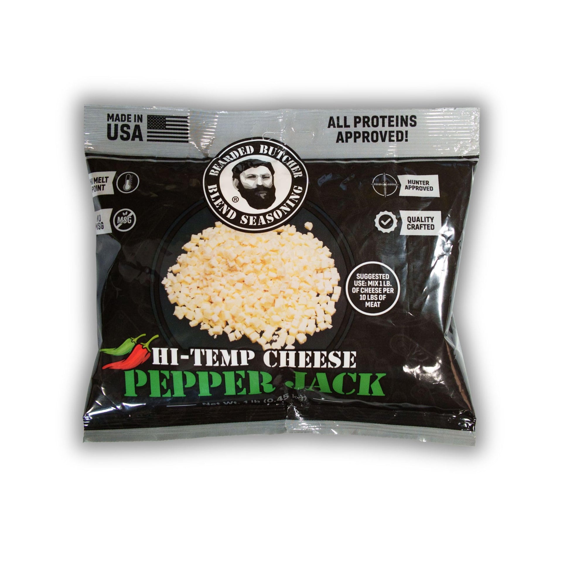 Bearded Butchers High-Temp Pepper Jack Cheese 1 Lbs - Shelf-Stable 1/4 Cubes For Up To 10 Lbs Of Meat  400F High-Temperature Cheese - Ideal For Sausage Making  Brats  Snack Sticks  Burgers  And More
