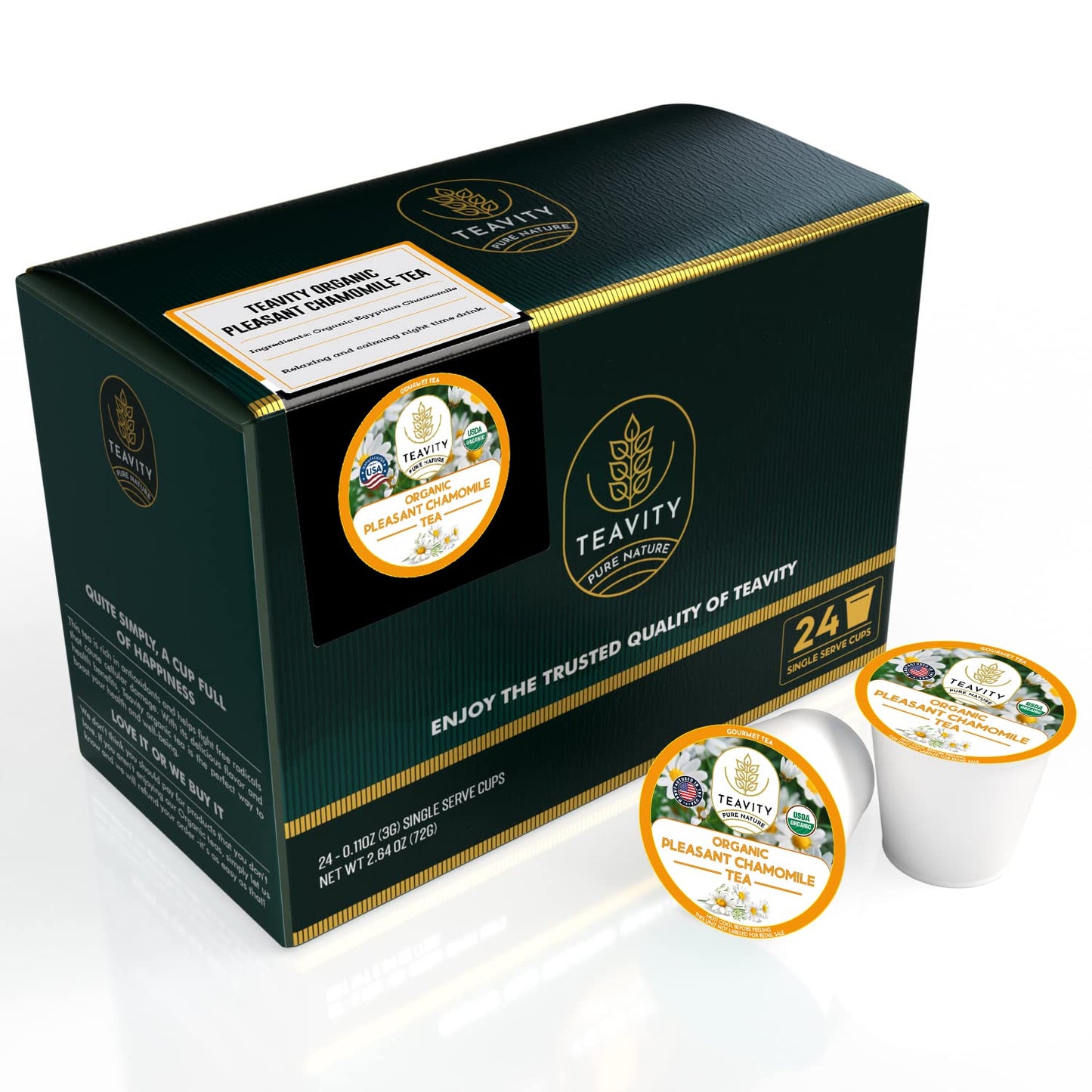 Teavity Organic Chamomile Tea Pods - Decaf, 24 Count, Compatible with Keurig