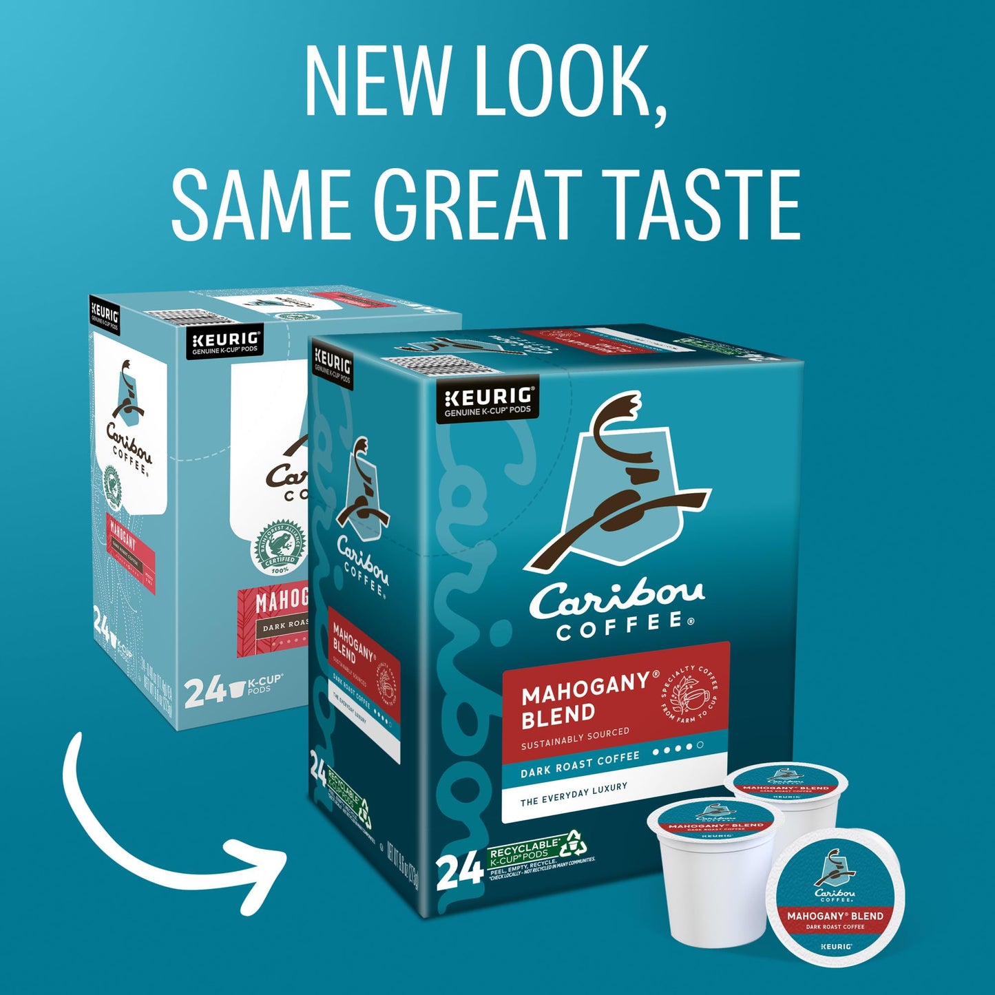Caribou Coffee Mahogany K-Cup Pods, Dark Roast, 96 Count, 24 Count (Pack of 4), White, Model 5000203157