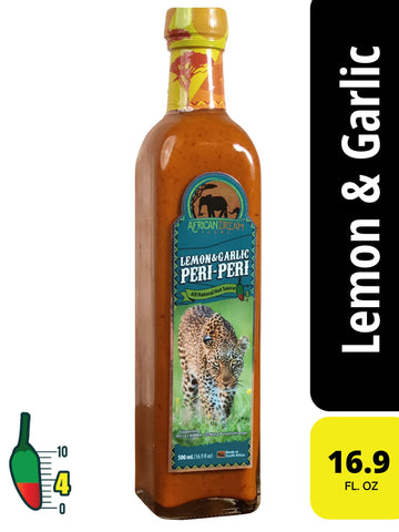 AFRICAN DREAM FOODS Lemon & Garlic Peri-Peri Hot Sauce, All-Natural Sweet and Spicy, 16.9 fl oz, Big Chefs Bottle