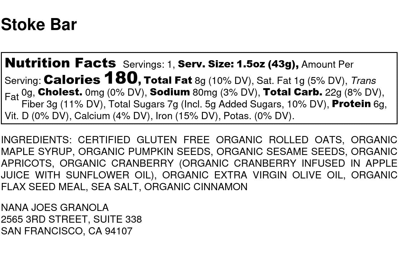 NANA JOES GRANOLA Stoke Bars, Gluten-Free, Vegan, Organic, Cranberry & Apricot, 12 Pack