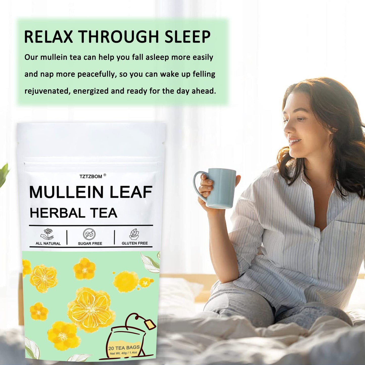 TZTZBOM Organic Mullein Leaf Tea - 20 Tea Bags, Lung Cleanse, 20 Count (Pack of 1)