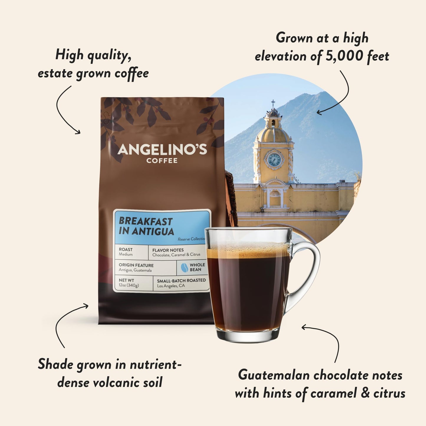 Angelinos Coffee Breakfast Blend, Medium Roast, 12oz Whole Bean, Guatemalan Coffee with Chocolate & Caramel Notes