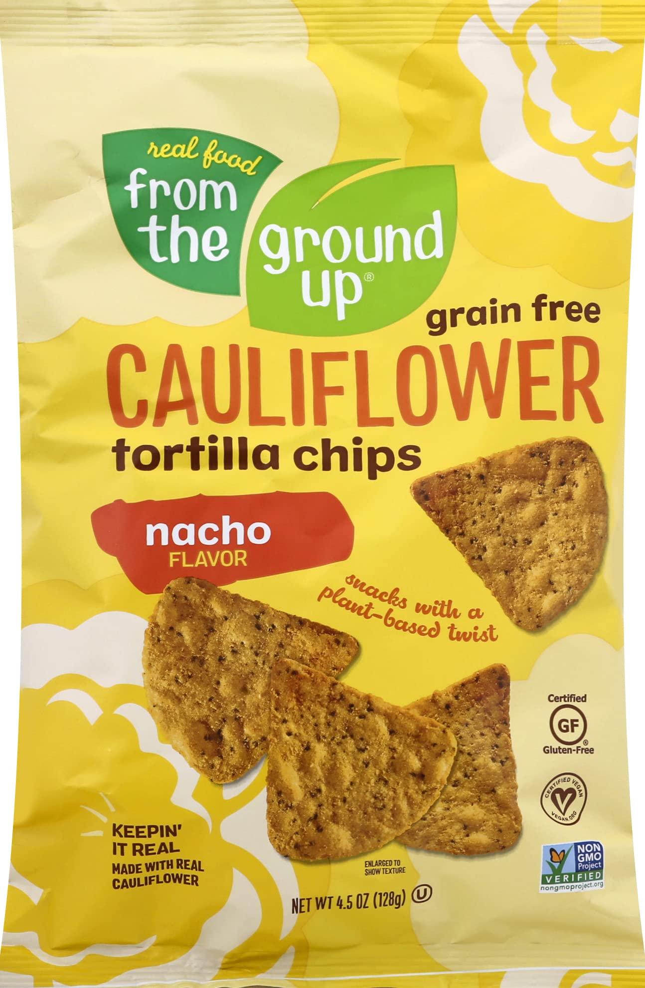 FROM THE GROUND UP Nacho Cauliflower Tortilla Chips, 4.5 OZ, Gluten-Free, Vegan Snack