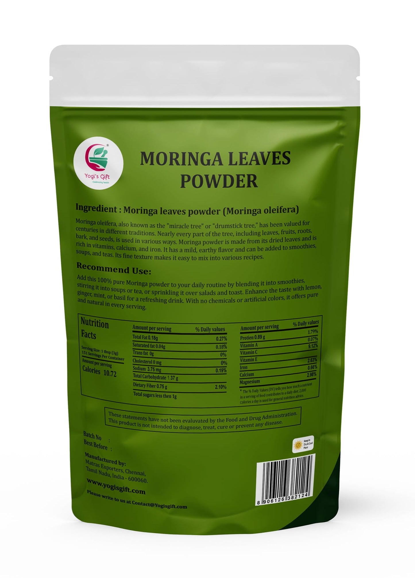Moringa Powder 1 Lb, 100% Pure & Natural Moringa Leaf Powder, Enhanced Quality For Smoothies & Tea, Resealable Bag For Freshness - By Yogi’S Gift®