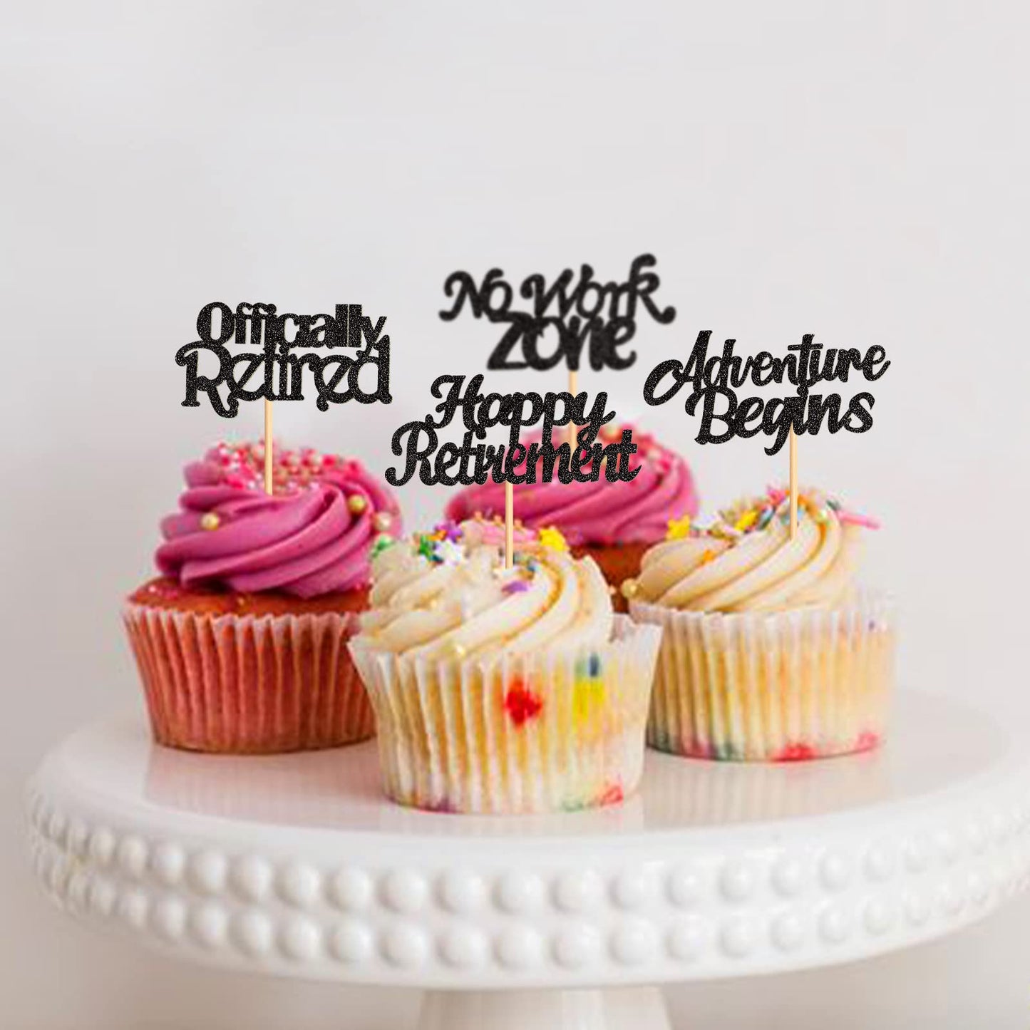 Keaziu 24PCS Cupcake Toppers, Retirement Theme, Black Paper Picks, Farewell Party Decorations