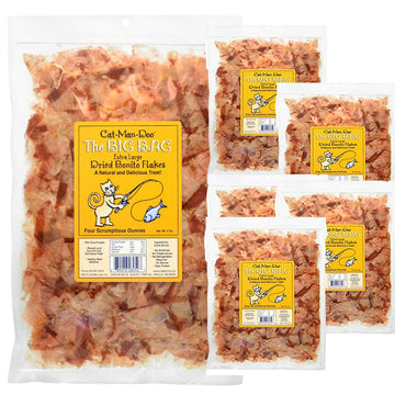 Cat-Man-Doo Extra Large Dried Bonito Flakes Treats for Dogs & Cats - 4oz Bag (6 Pack) - All Natural High Protein