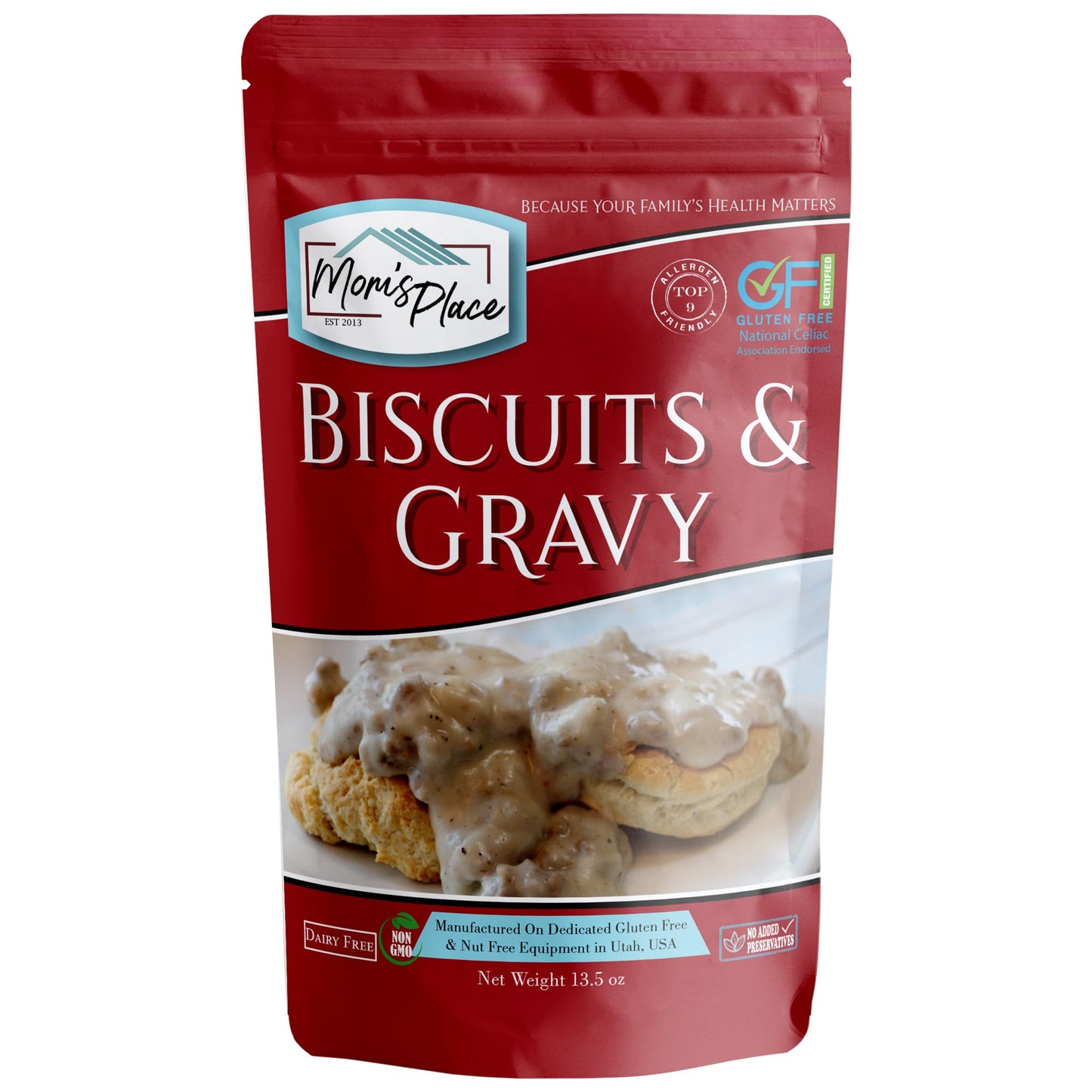 Moms Place Gluten-Free Biscuit & Country Gravy Mix  Dairy Free  Nut Free & Soy Free Easy to Make  Makes 8-9 Biscuits 13.5 oz.
