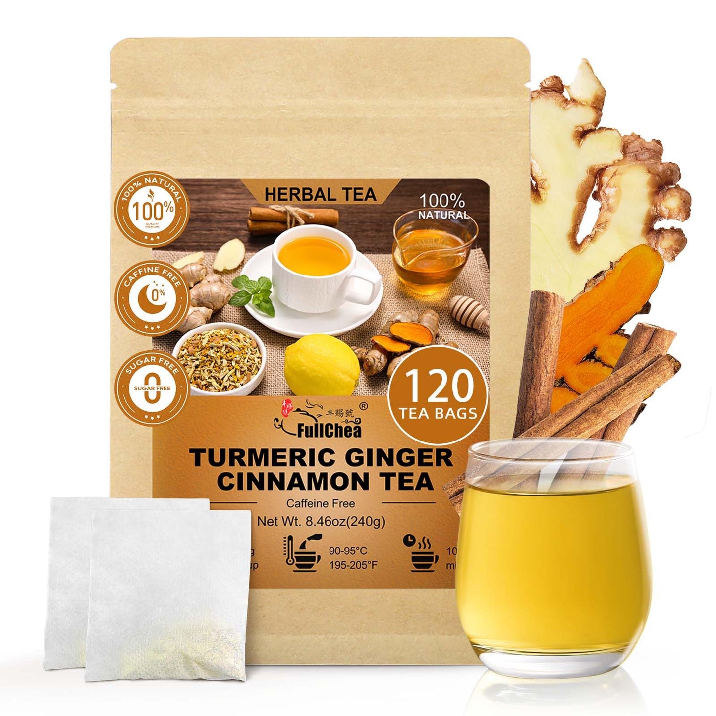 Fullchea - Turmeric Flavor Blendger Cinnamon Tea Bags  120 Teabags  2G/Bag - Top-Grade Turmeric  Flavor Blendger  Cinnamon - Non-Gmo - Energy Blend-Free - Aid Digestion & Boost Immunity