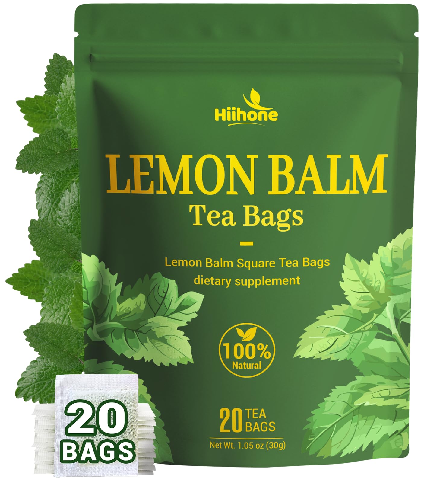 Hiihone Lemon Balm Tea Bags  Pure & Natural Melissa Officinalis Herbal Tea  Top-Grade Dried Lemon Balm Leaf With Naturally Lemony & Citrusy Flavor  Energy Blend-Free  Non-Gmo  20 Count