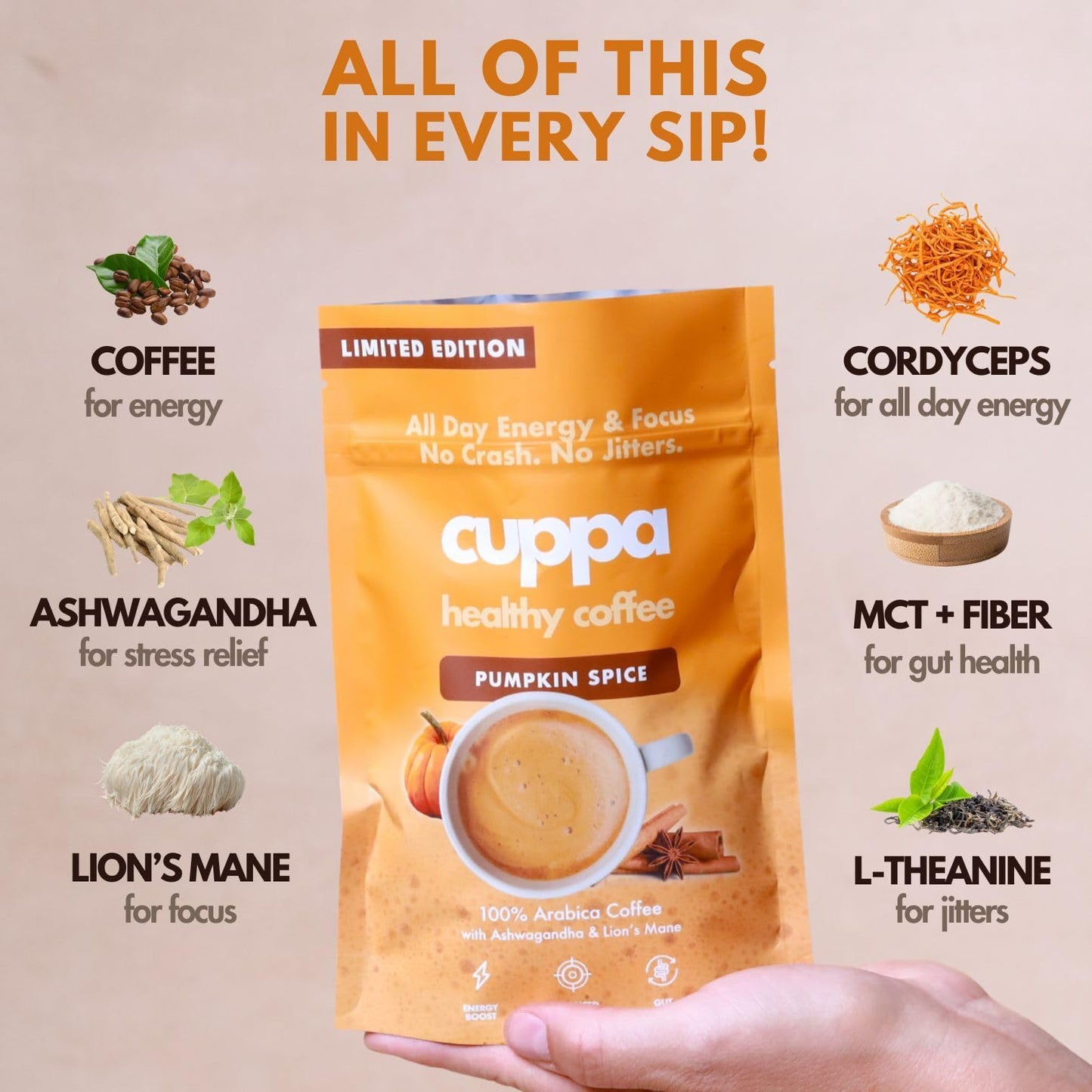 Cuppa Healthy Mushroom Insant Coffee with Lions Mane & Ashwagandha for All Day Energy & Focus - No Crash or Jitters - Nootropics for Brain Health  Gut Health  Immunity  Stress  Memory + Mood (30 Servings  Pumpkin Spice)