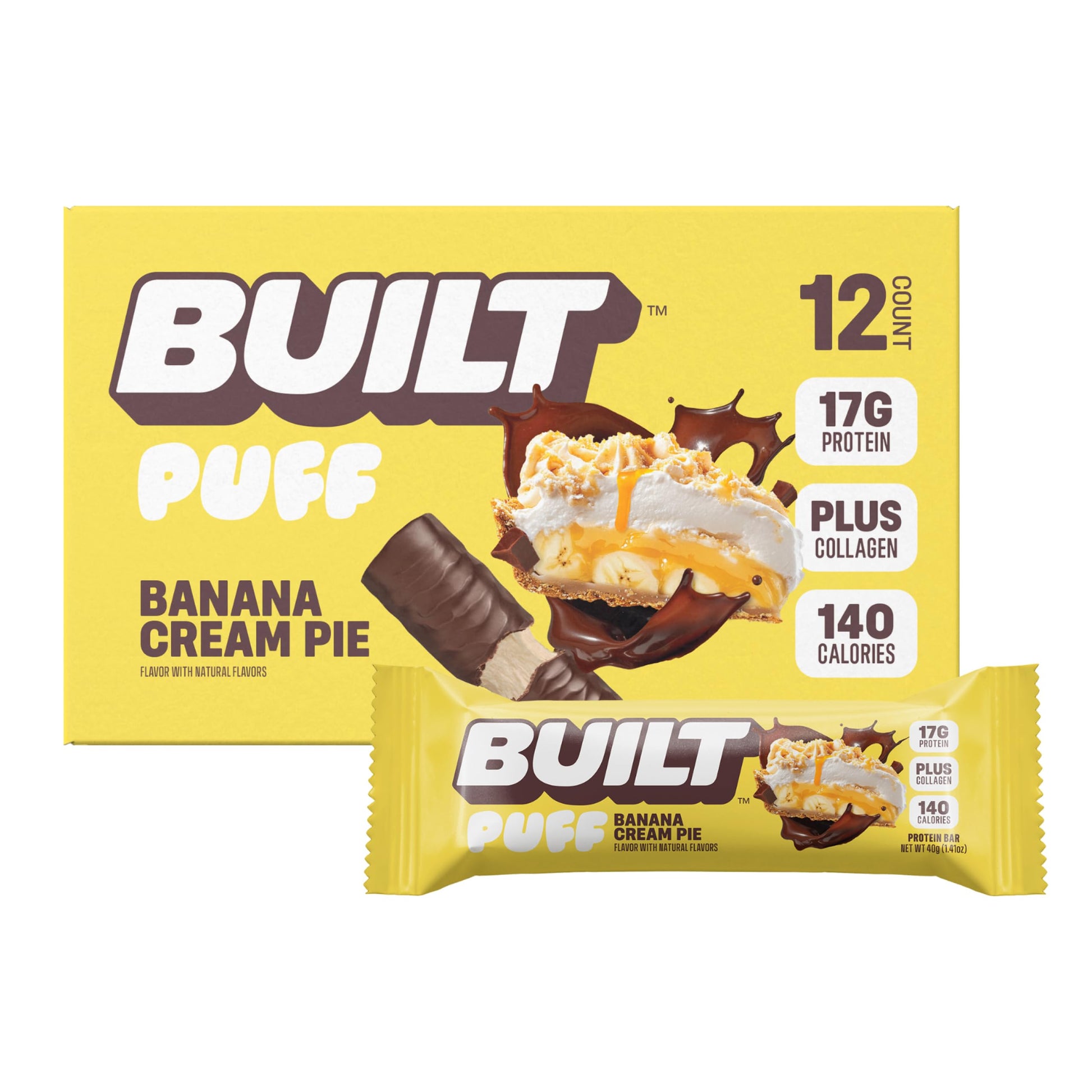Built Bar, Puff Protein Bars, Banana Cream Pie Puff, 17G Protein Snacks, On-The-Go Bars, Only 140 Calories, 6G Sugar, Collagen, 