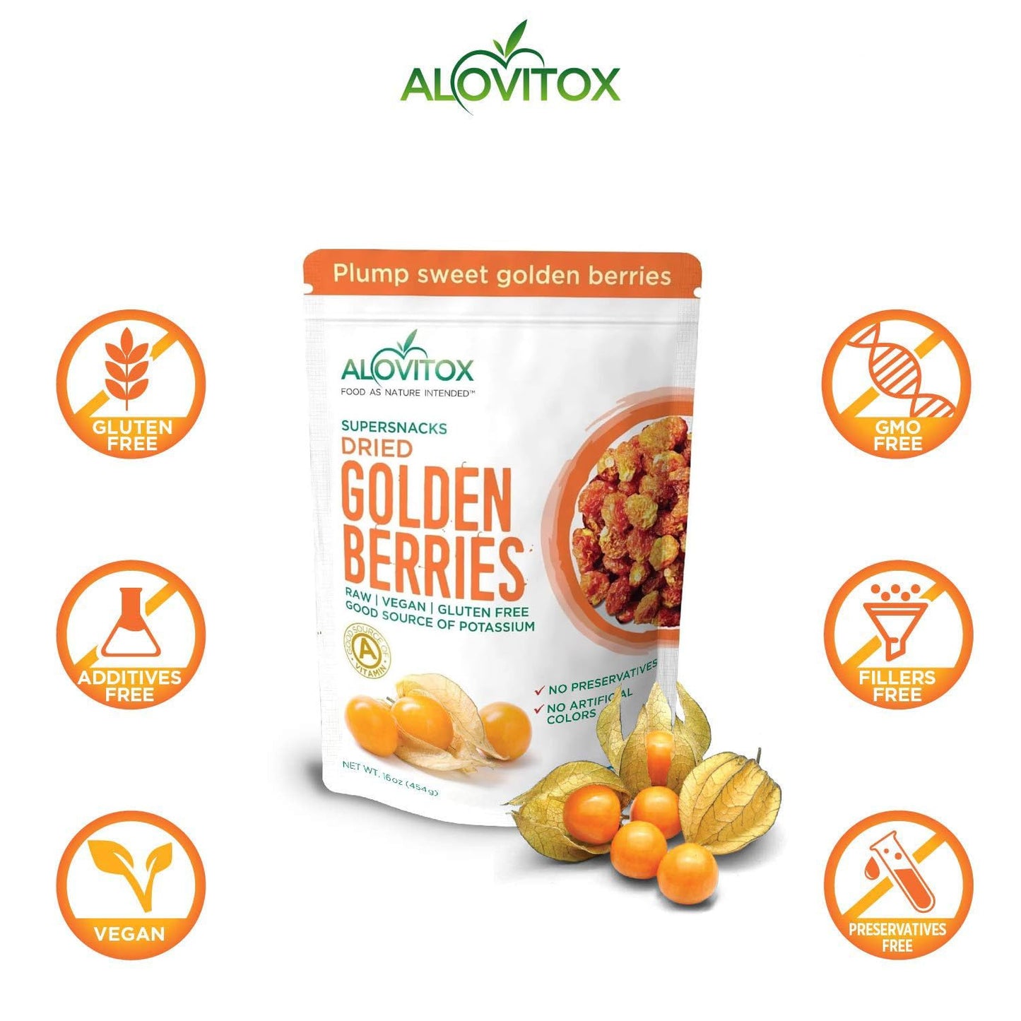 Alovitox Organic Sun Dried Golden Berries 16 oz | Raw, Vegan, Gluten Free Super Snack High in Smart Protein, Dietary Fiber, Vita