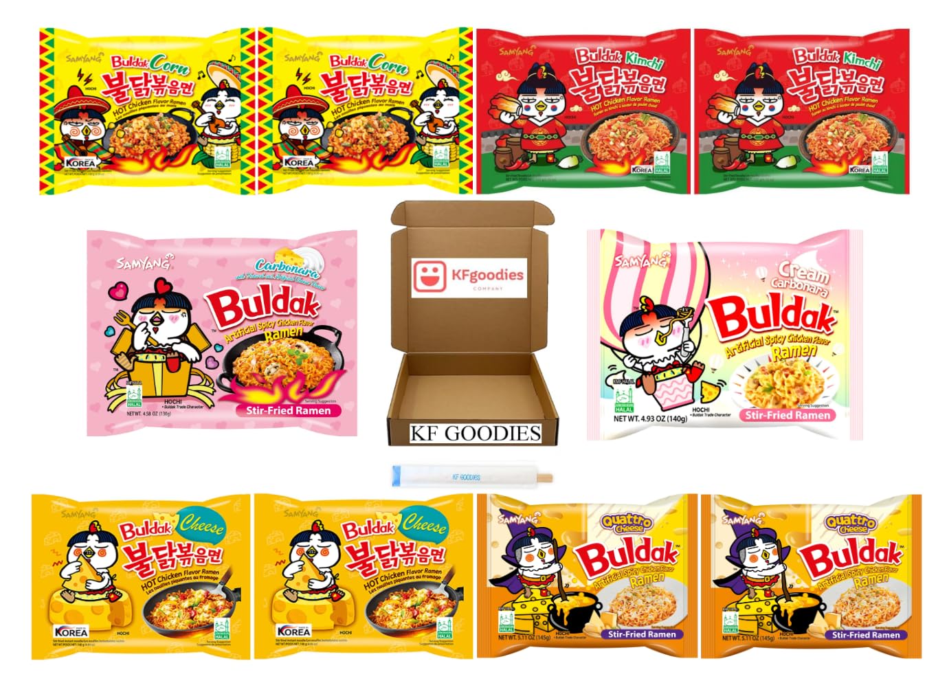 Samyang Buldak Hot Spicy Chicken Ramen Noodle Korean Stir-Fried Ramen (10, 1 Carbonara, 1 Cream Carbonara, 2 Original Spicy, 2 T