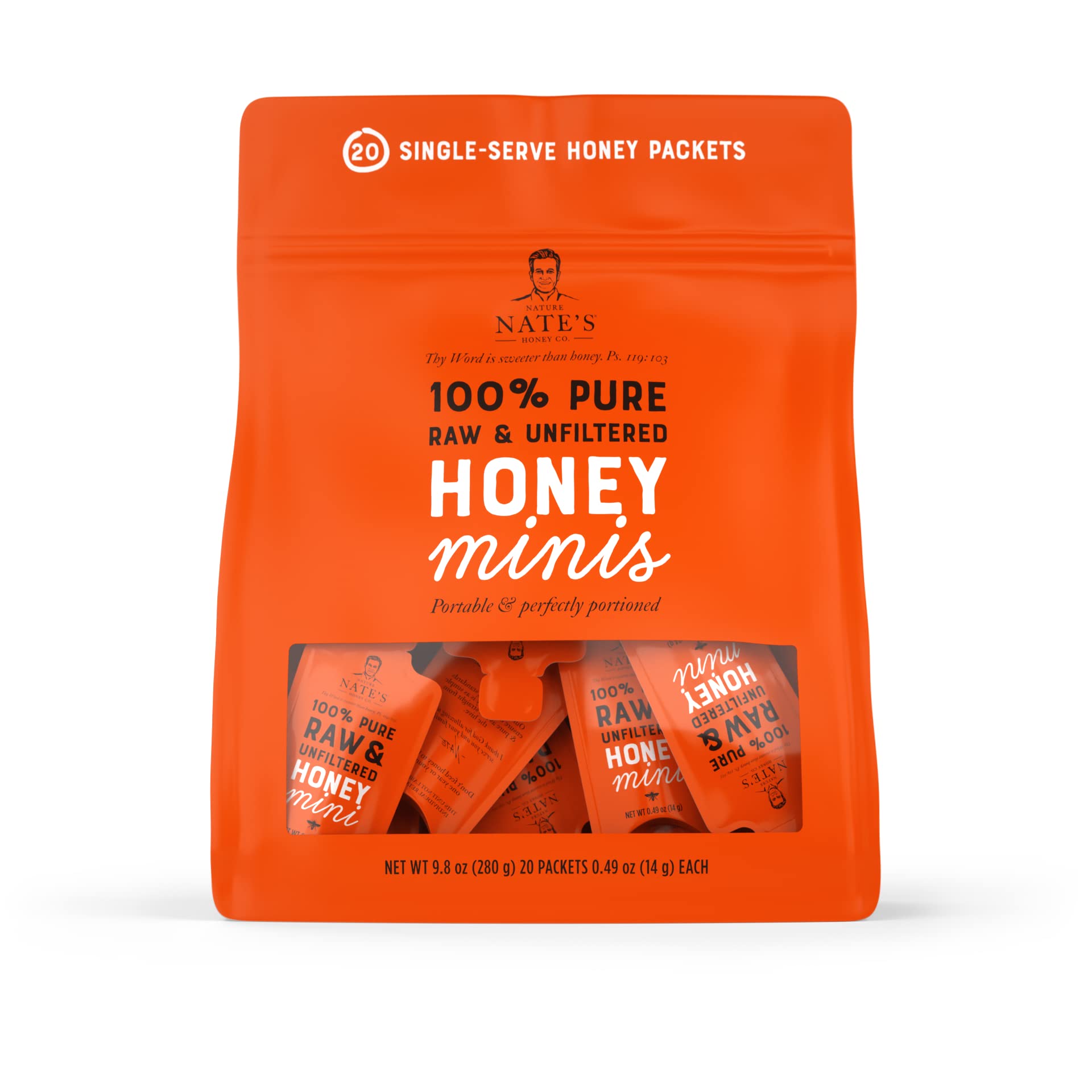 Nate's Honey Minis - Single-Serve 100% Pure, Raw & Unfiltered Honey - 0.49oz Packets, 20ct bag