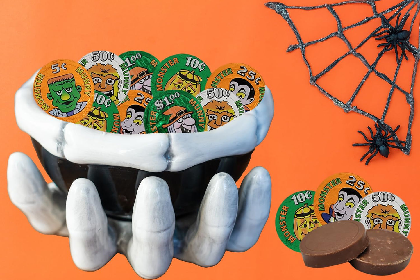 Fruidles Halloween Monster Money Coins Munny, Trick-Or-Treat Party Bag Fillers, Individually Wrapped in Orange, Green, Silver Co
