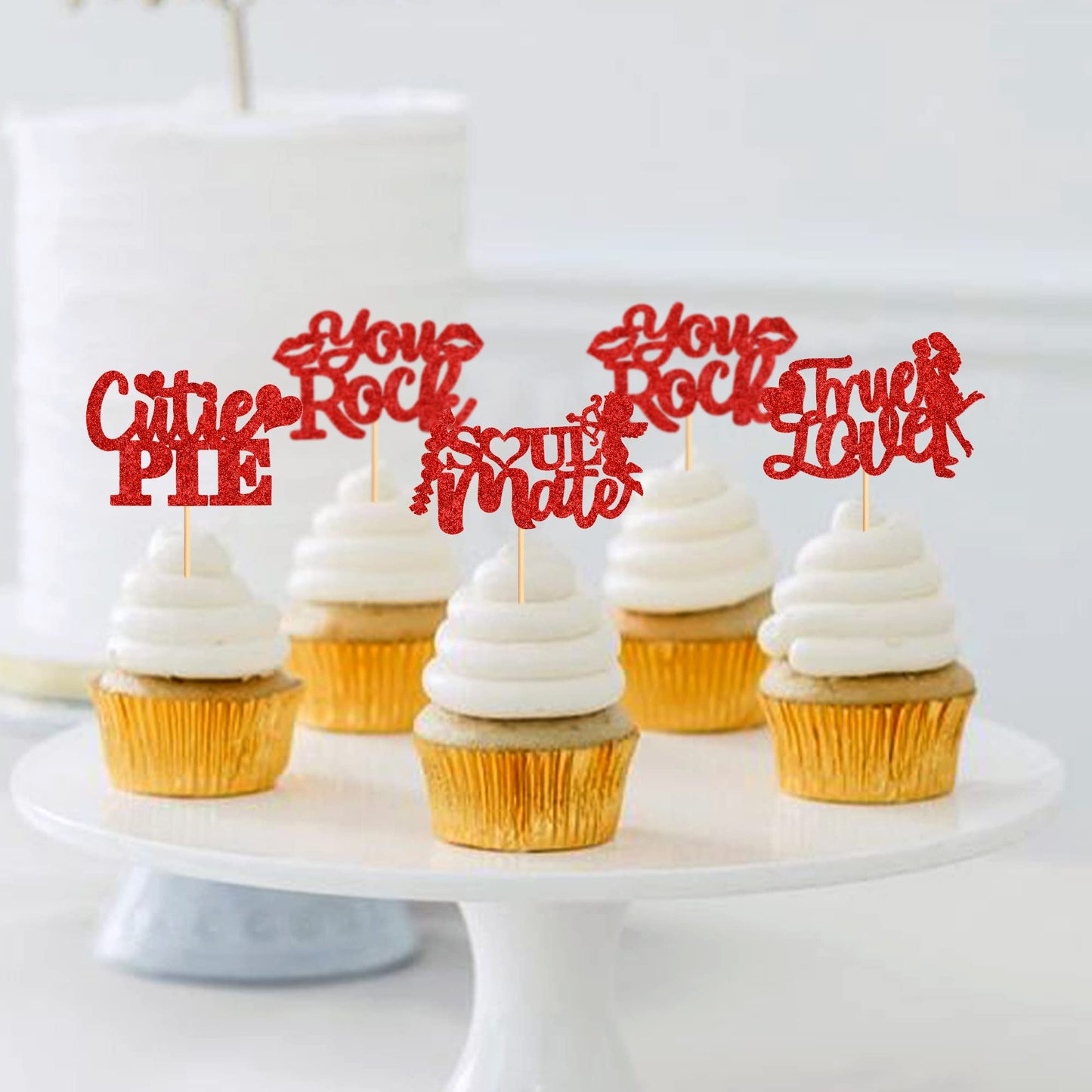 Ercadio 24 Pack Cutie Pie Cupcake Toppers Red Glitter Valentine