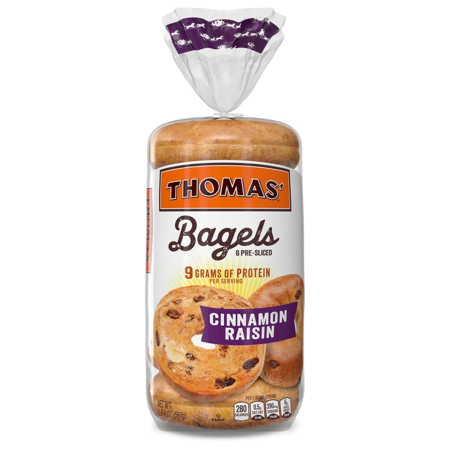 Thomas Cinnamon Raisin Bagels, 6 Pre Sliced Bagels with No High Fructose Corn Syrup, 20 Oz Bag