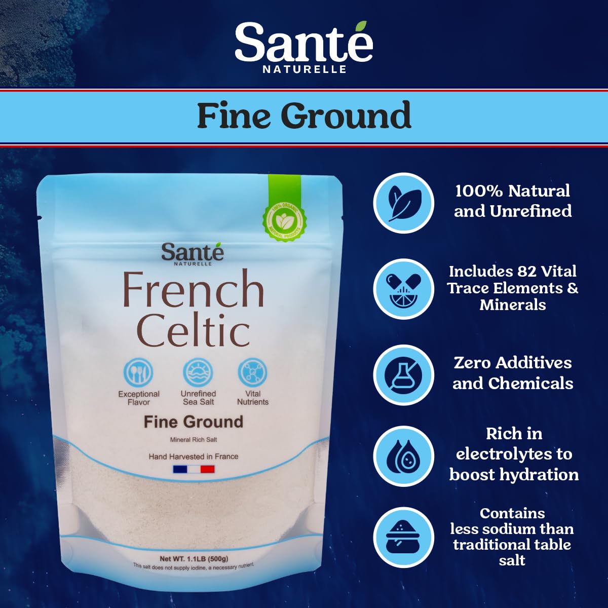 Sante Naturelle Celtic Salt Fine Ground Sea Salt - Organic, Unrefined, Rich in Minerals - 18 Ounce (1.1lb)