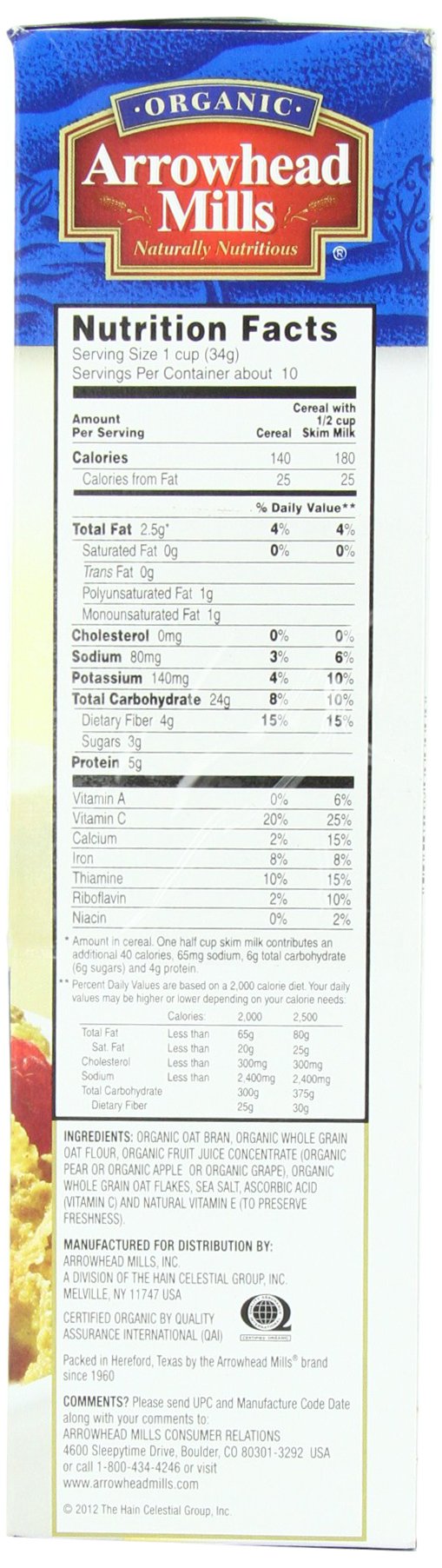 Arrowhead Mills Organic Cereal, Oat Bran Flakes, 12 Oz. (Pack Of 4)