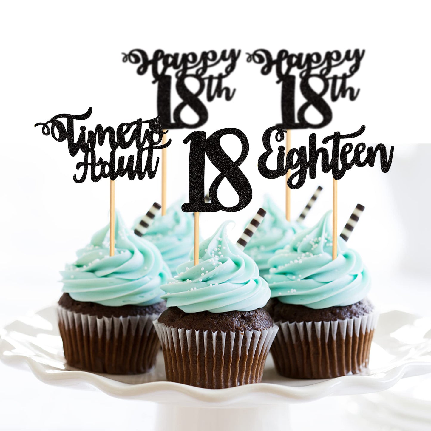 Cyodoos 24Pcs 18th Birthday Cupcake Toppers, Black Glitter, Small, Paper, Model S-PL-8726
