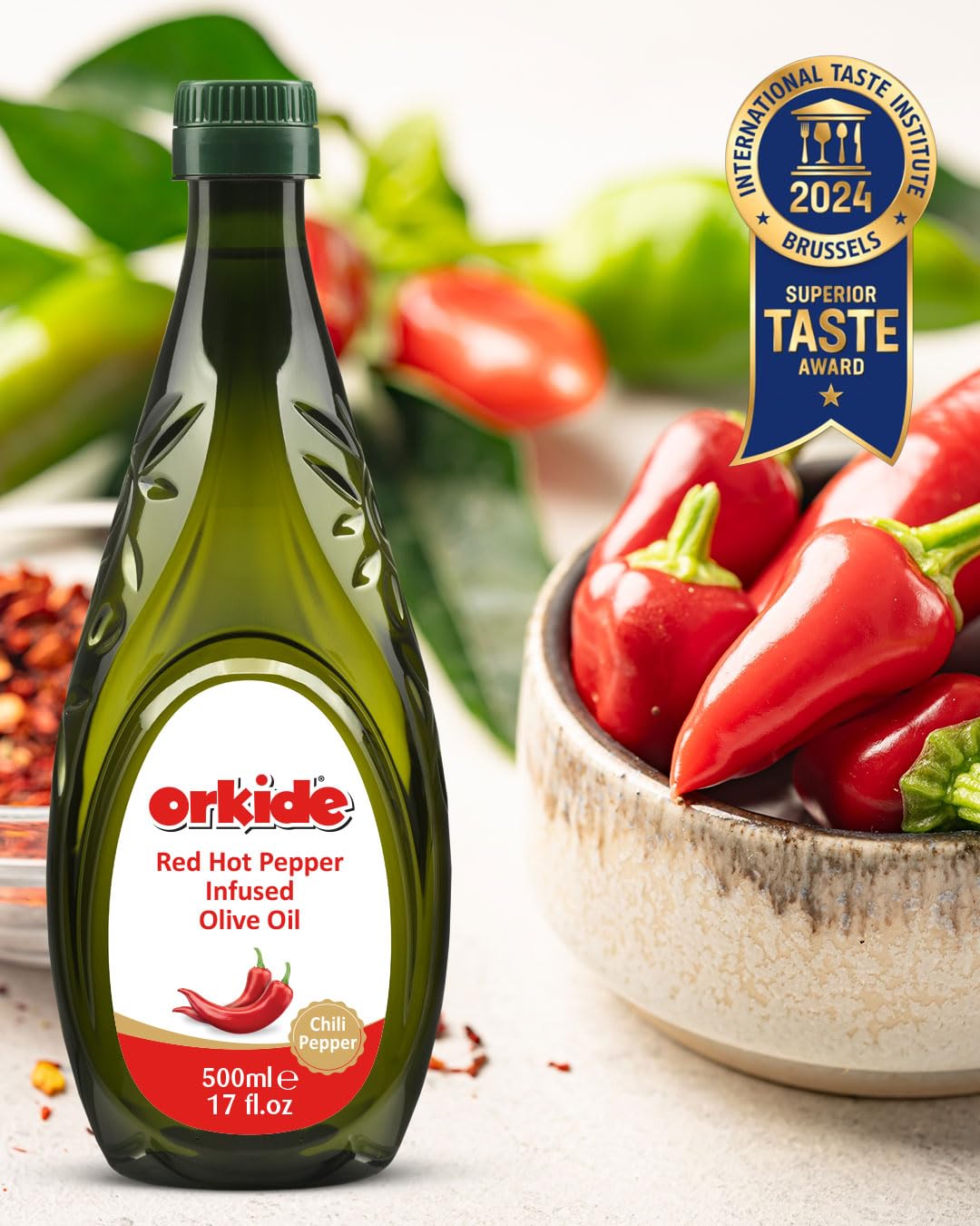 Orkide Hot Chili Infused Olive Oil Robust Mediterranean Blend, Ffa 0.3, Polyphenol+400 (Chilli 17 Fl Oz)