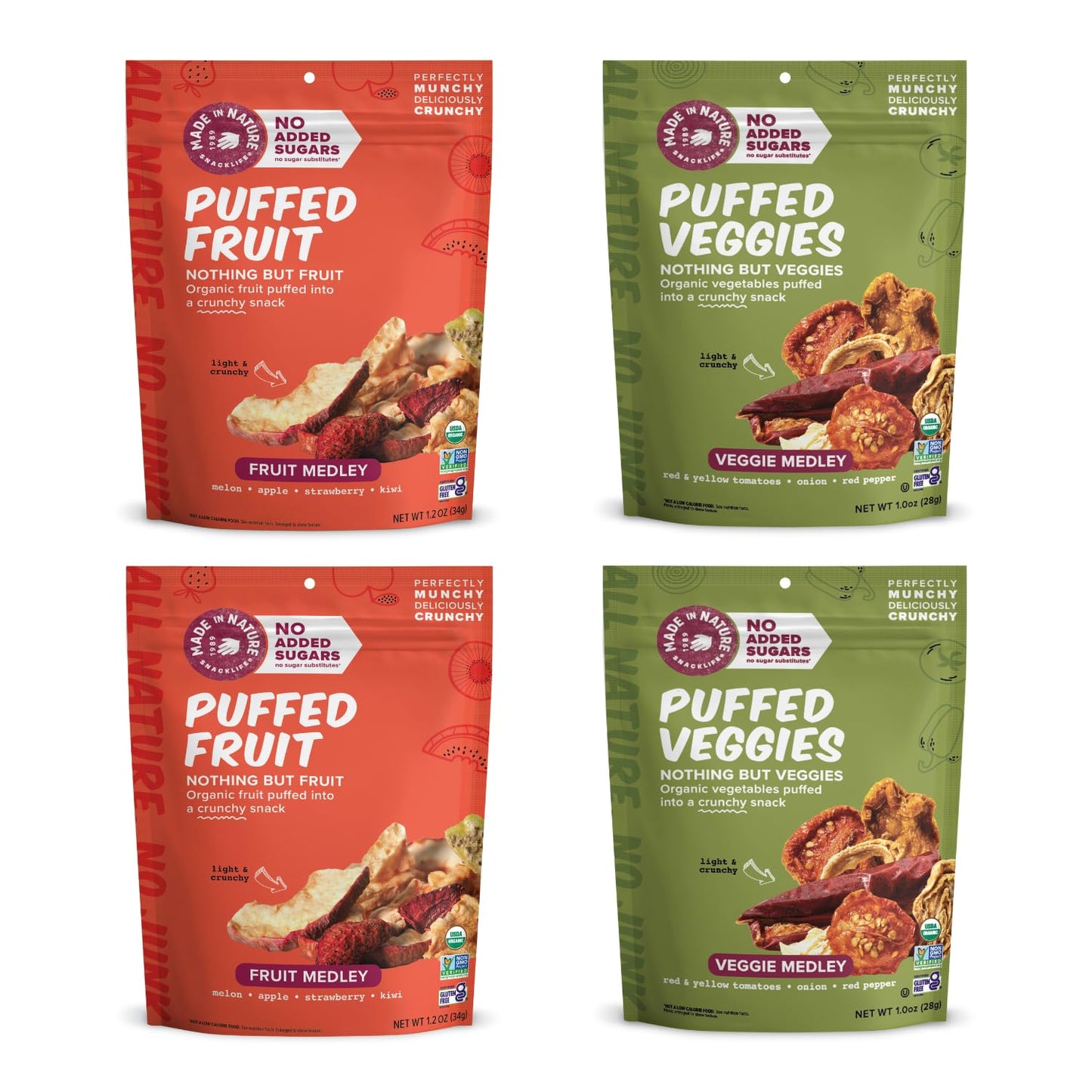 Made In Nature Organic Puffed Fruit & Veggies, Duo Pack (Pack of 4) - 2 Fruit Medley, 2 Veggie Medley, Air-Dried & Crispy, No Ad