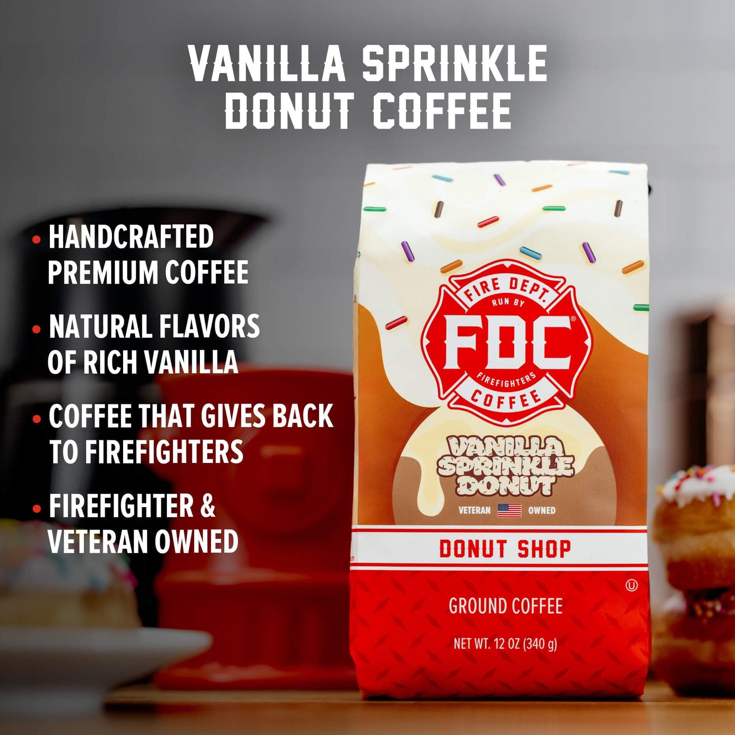 Fire Department Coffee Vanilla Sprinkle Donut Ground Coffee - Medium Roast - 12 oz - Veteran Owned