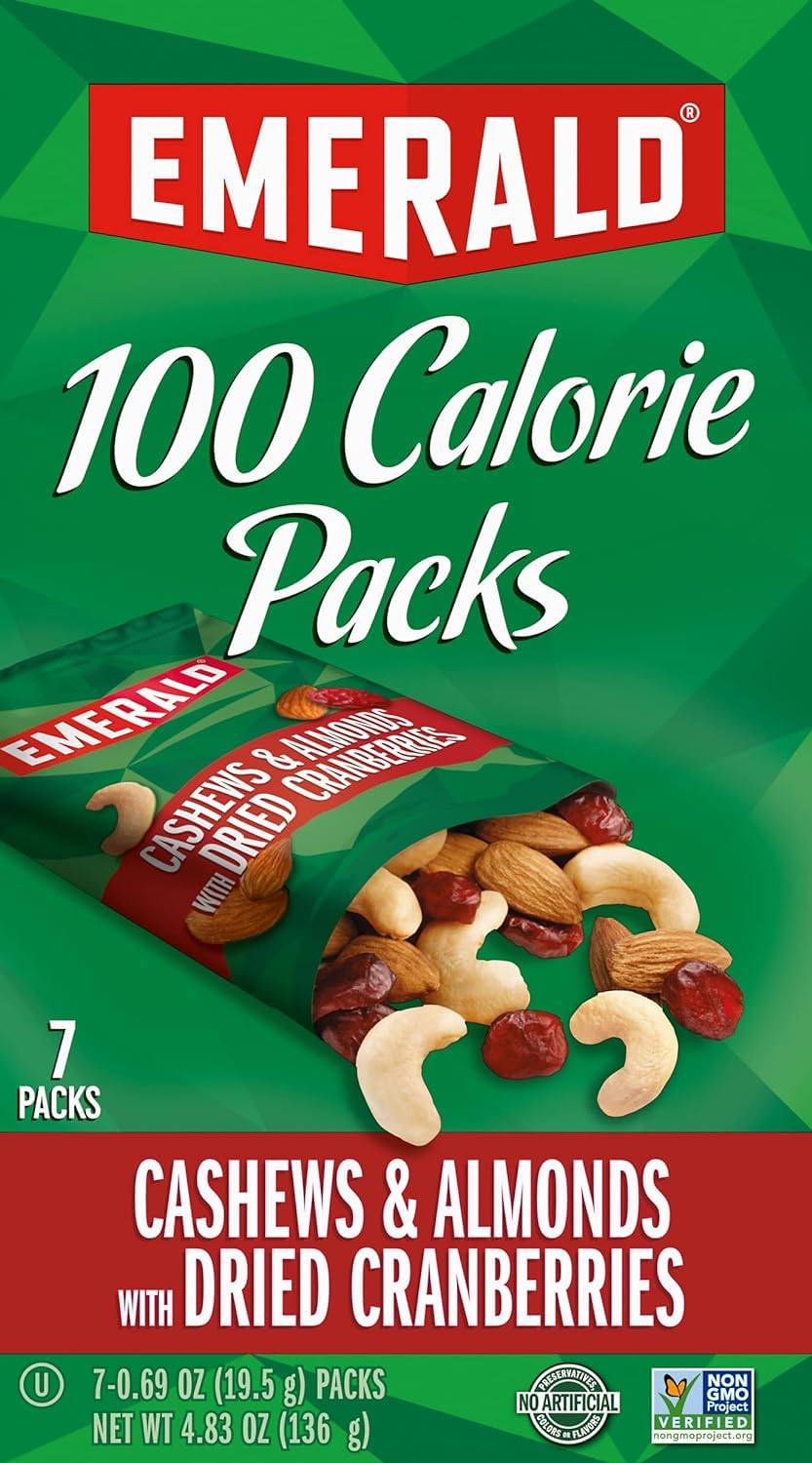 Emerald Nuts Cashews And Almonds With Dried Cranberries 7 Ct (1-Pack) | 100-Calorie Individual Packs Of Nut Blend And Dried Fruit | Kosher Certified, Non-Gmo, Contains No Artificial Preservatives, Flavors Or Synthetic Colors