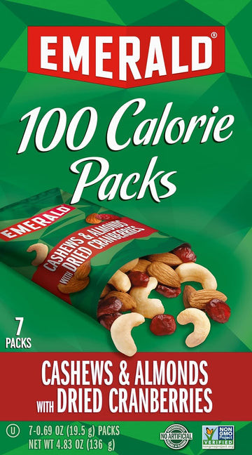 Emerald Nuts Cashews And Almonds With Dried Cranberries 7 Ct (1-Pack) | 100-Calorie Individual Packs Of Nut Blend And Dried Fruit | Kosher Certified, Non-Gmo, Contains No Artificial Preservatives, Flavors Or Synthetic Colors