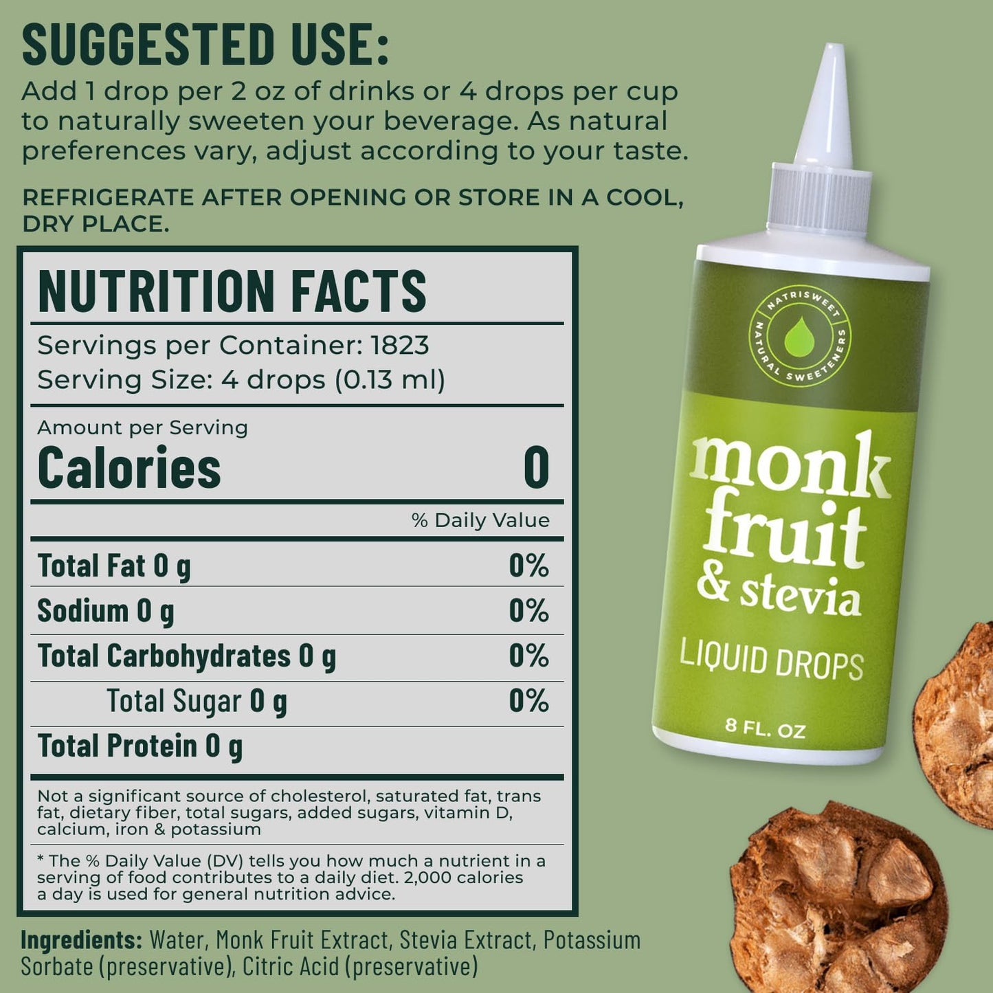 NatriSweet Monk Fruit & Stevia Liquid Drops, Zero-Calorie Sweetener, 8 fl oz, Keto-Friendly