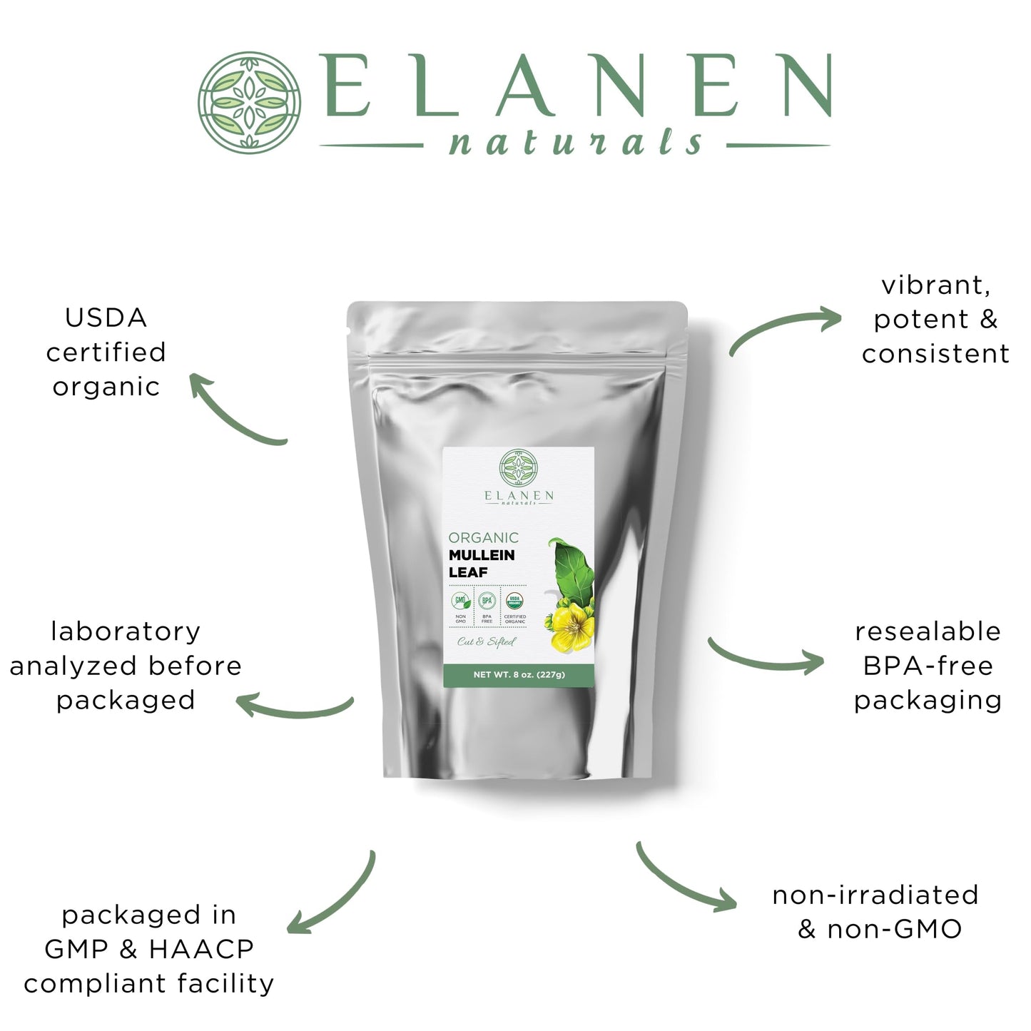 ELANEN naturals Organic Mullein Leaf Tea, Cut & Sifted, 8 oz. (227g), USDA Certified Organic