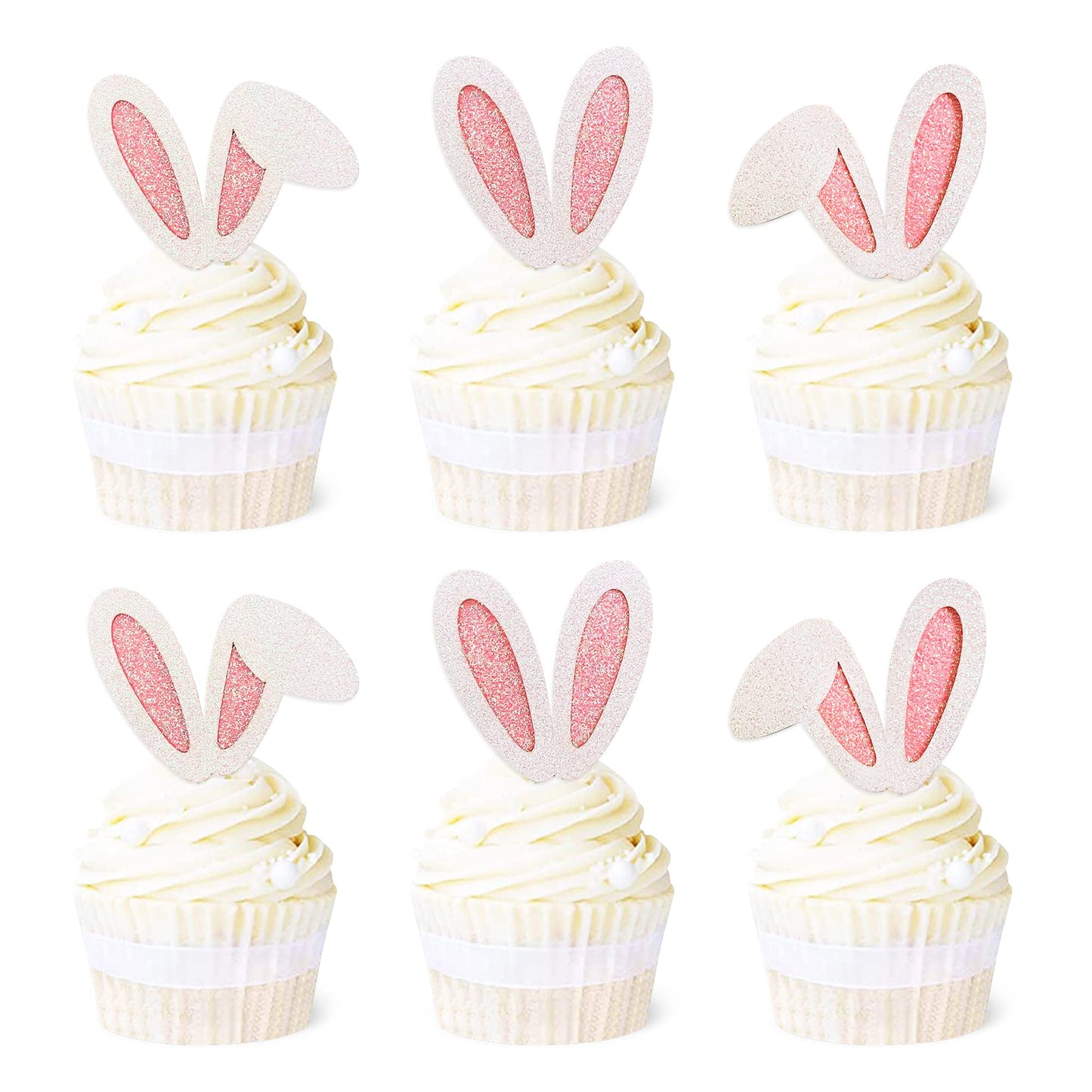 Ercadio 24 Pack Easter Bunny Ear Cupcake Toppers, Glitter Rabbit Ears Cupcake Picks, Easter Day Cake Toppers For Easter Theme Sp
