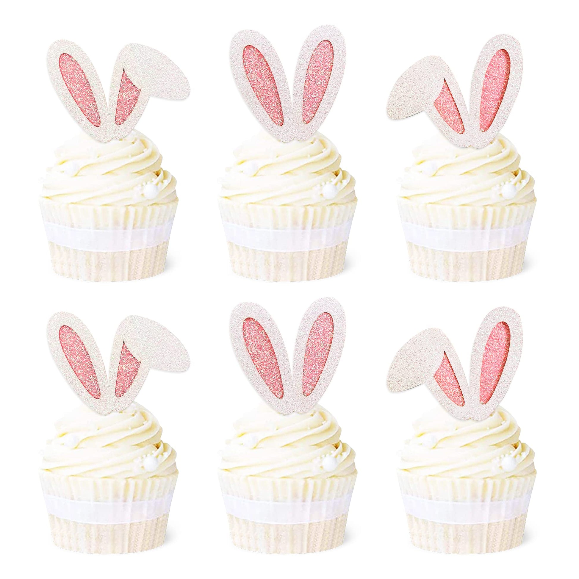 Ercadio 24 Pack Easter Bunny Ear Cupcake Toppers, Glitter Rabbit Ears Cupcake Picks, Easter Day Cake Toppers For Easter Theme Sp