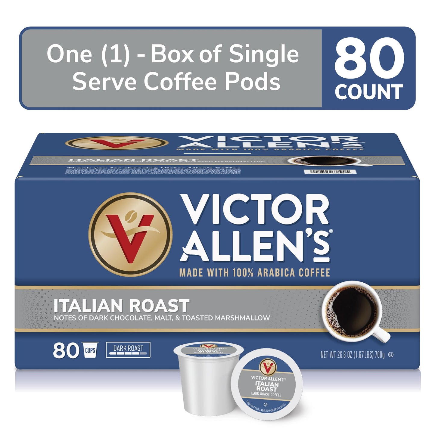 Victor Allens Coffee Italian Roast Dark Roast Coffee Pods, 80 Count, Compatible with Keurig K-Cup malt-inspired, Brown