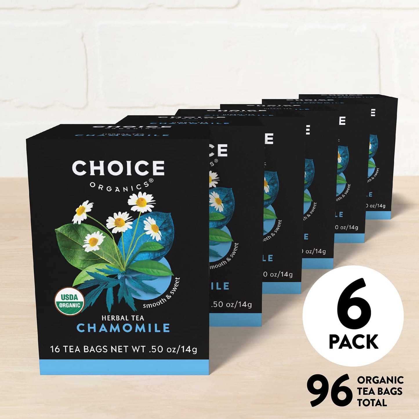 Choice Organics Organic Chamomile Tea - 96 Herbal Tea Bags, Caffeine Free, Compostable - 16 Count (Pack of 6)