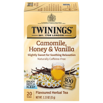 Twinings Camomile, Honey & Vanilla Herbal Tea Individually Wrapped Bags, 20 Count (Pack Of 6), Naturally Caffeine-Free, Enjoy Hot Or Iced | Packaging May Vary