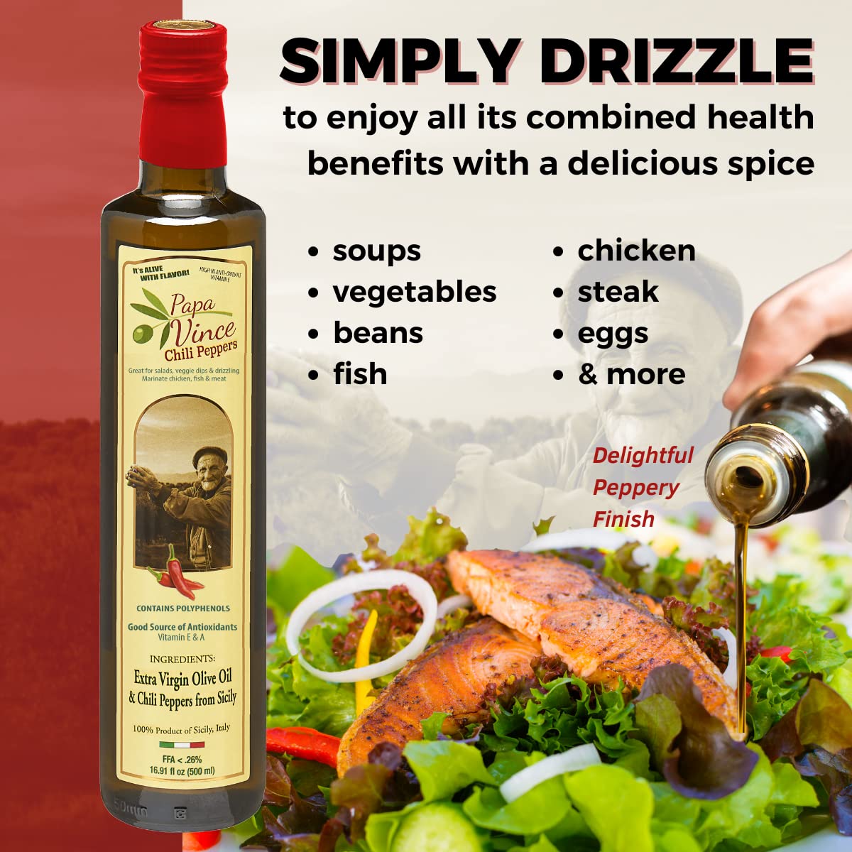 Papa Vince Olive Oil Extra Virgin - First Cold Pressed, Polyphenol Rich Olive Oil (Evoo). Chili Pepper Agrumato, Unfiltered, Single Sourced, Glass Bottle, Family Made, Sicily, Italy