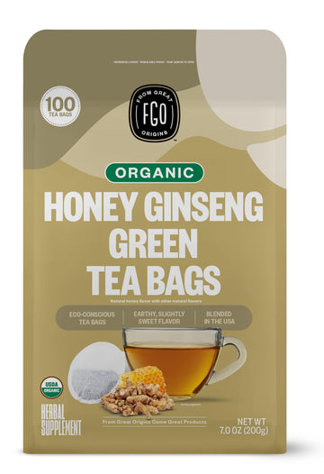 FGO Organic Honey Ginseng Green Tea, 100 Count, Eco-Conscious Tea Bags, Resealable Bag, Packaging May Vary (Pack of 1)