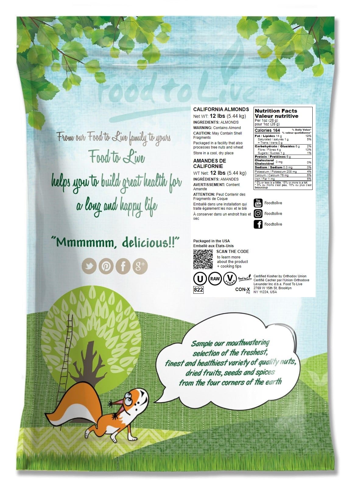 Food To Live - California Almonds, 12 Pounds - Supreme, Whole, Raw, Unsalted, Unroasted Nuts, Natural