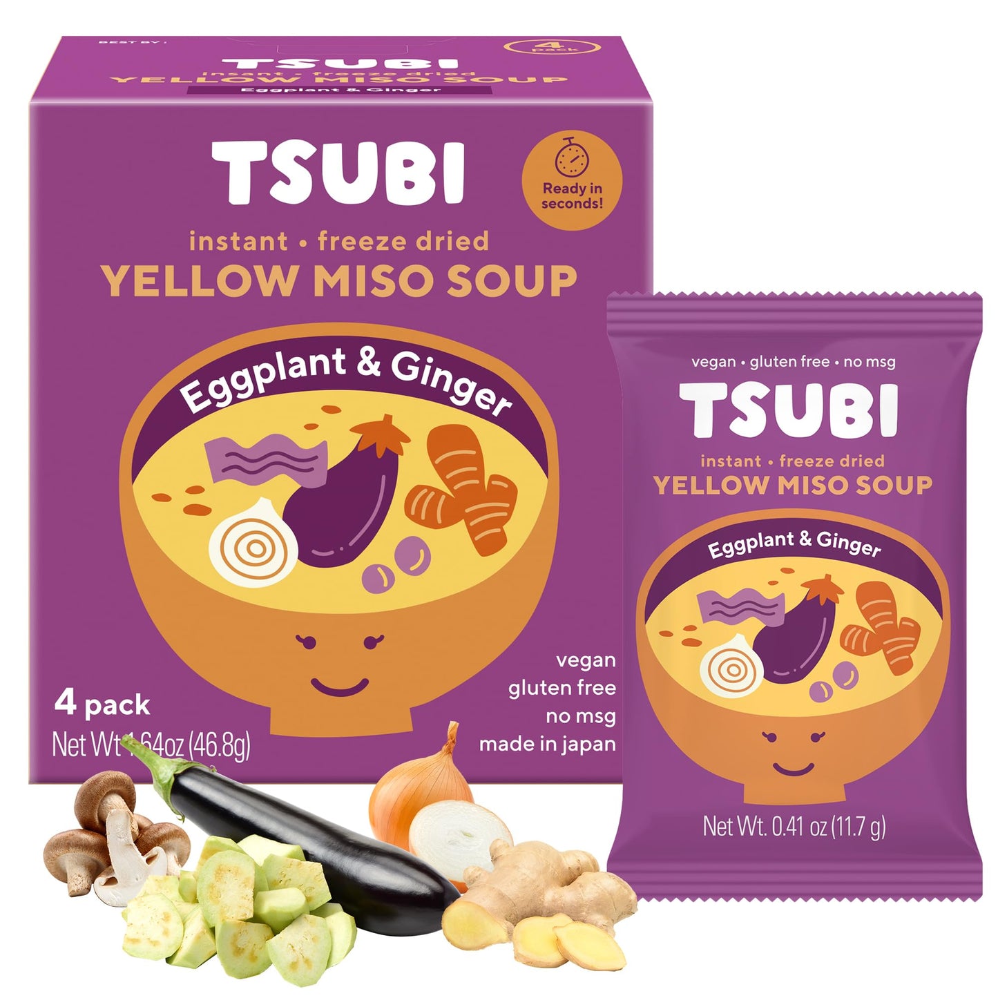 Tsubi Soup Freeze-Dried Miso Soup Packets - Vegan, Gluten & MSG-Free, Yellow Miso (Eggplant & Ginger) - 4 Packs